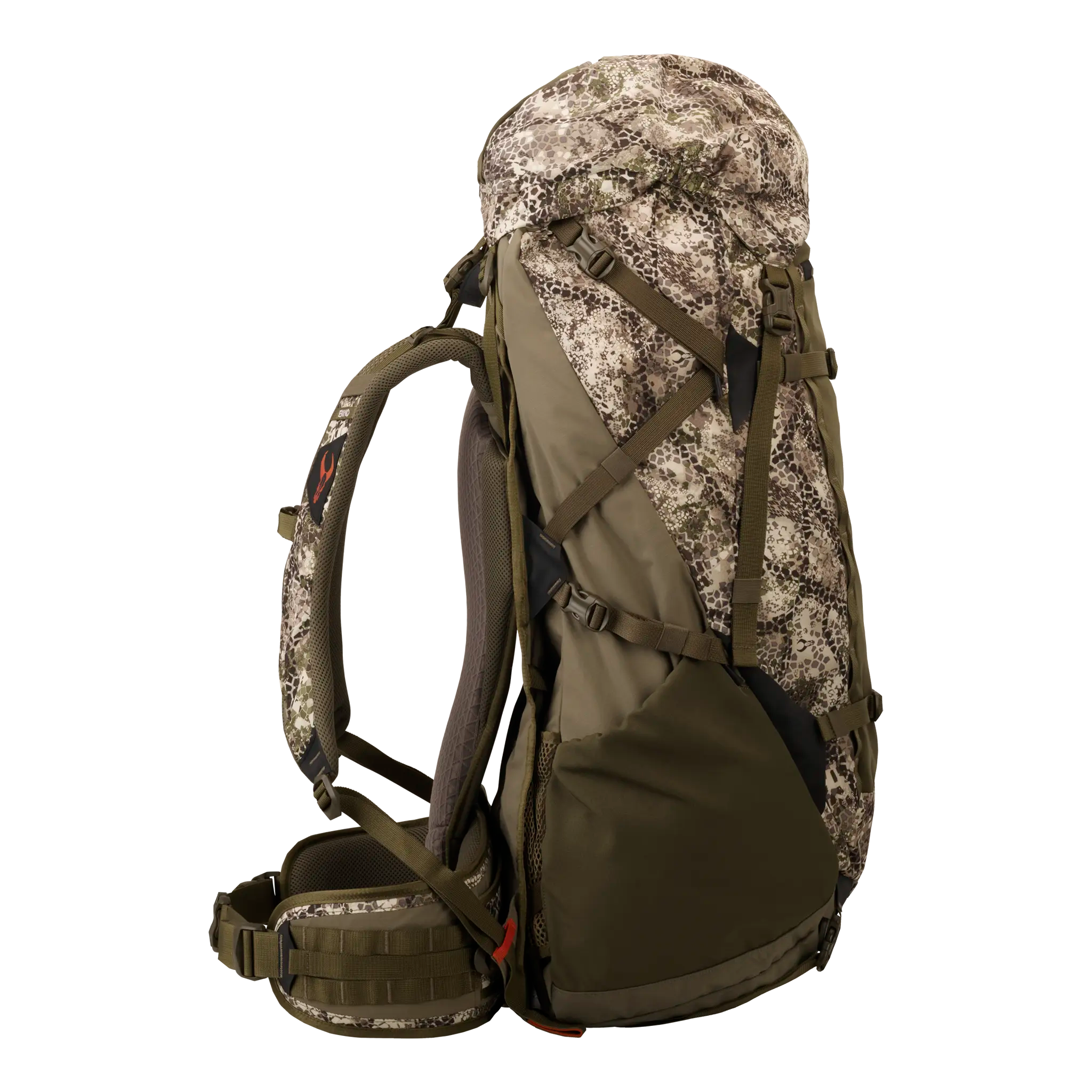 Camo hunting backpack with Moonrivers Logo on the strap, padded hip belt, and multiple adjustable straps for support.