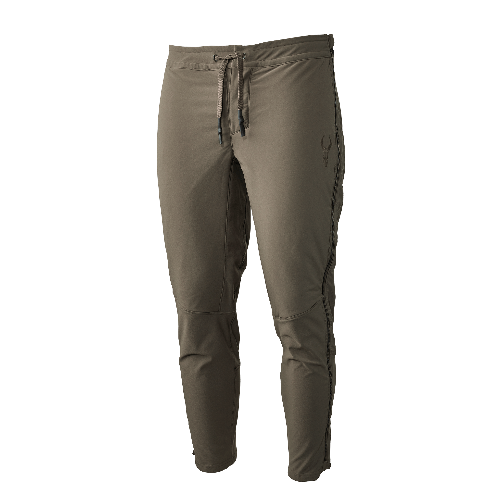 Khaki Moonrivers jogger pants with drawstring waist and skull logo on left thigh, designed for outdoor comfort and mobility.