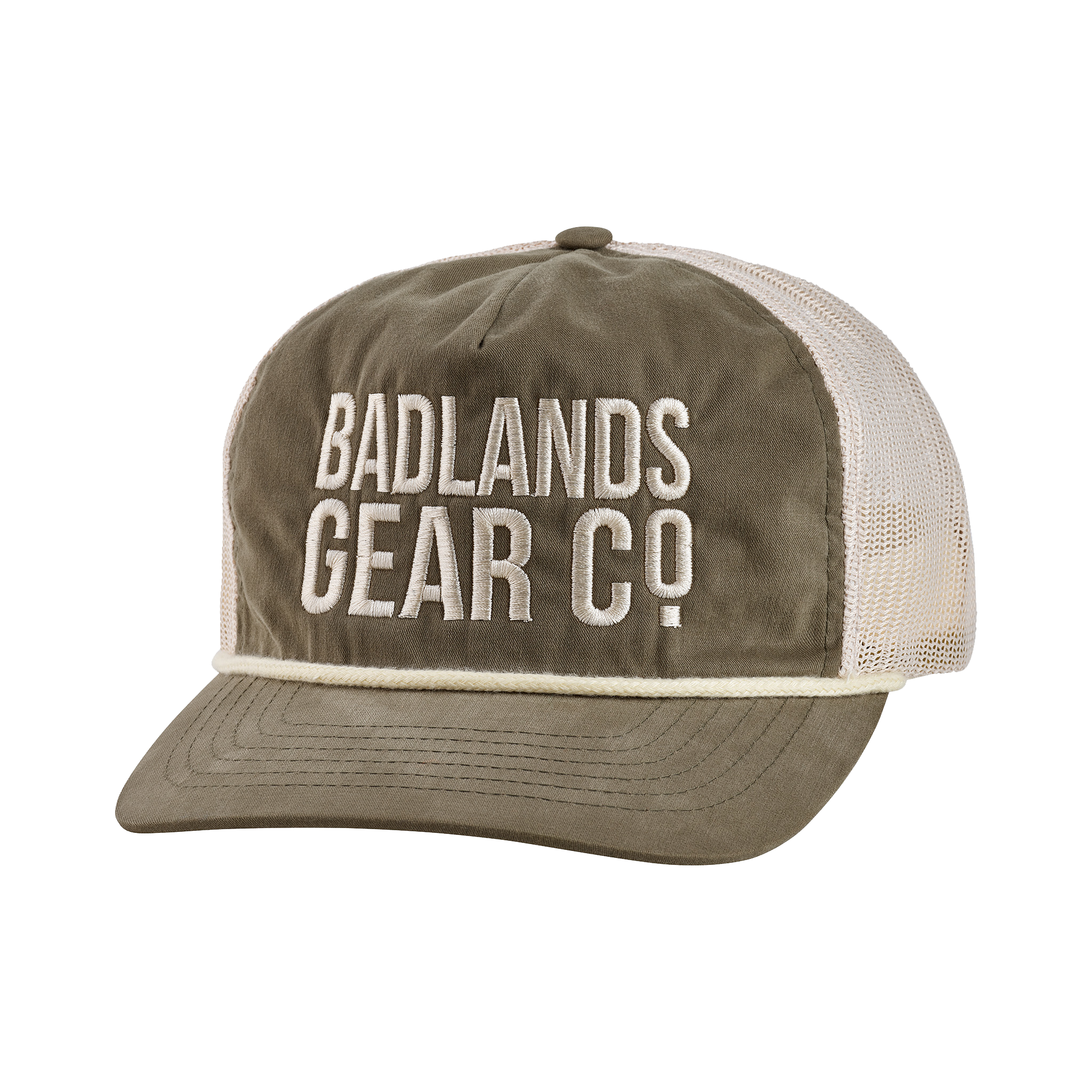Olive and white mesh trucker hat with "Badlands Gear Co" embroidered on the front.