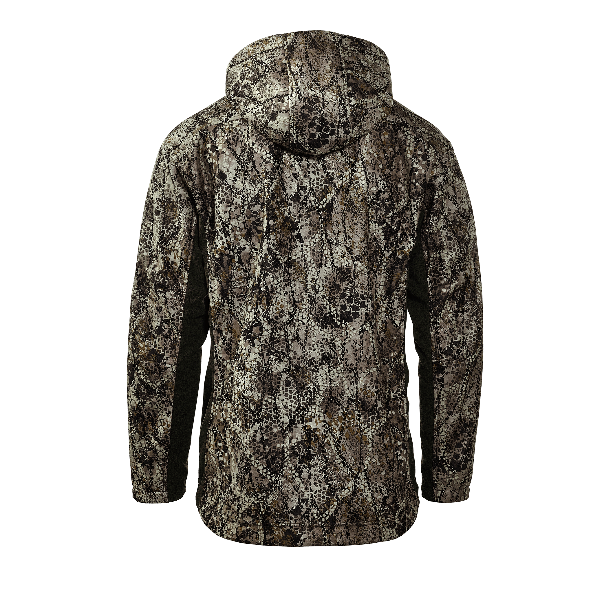Camo hunting jacket with hood, featuring the Moonrivers Logo on the back. High-contrast pattern for outdoor use.