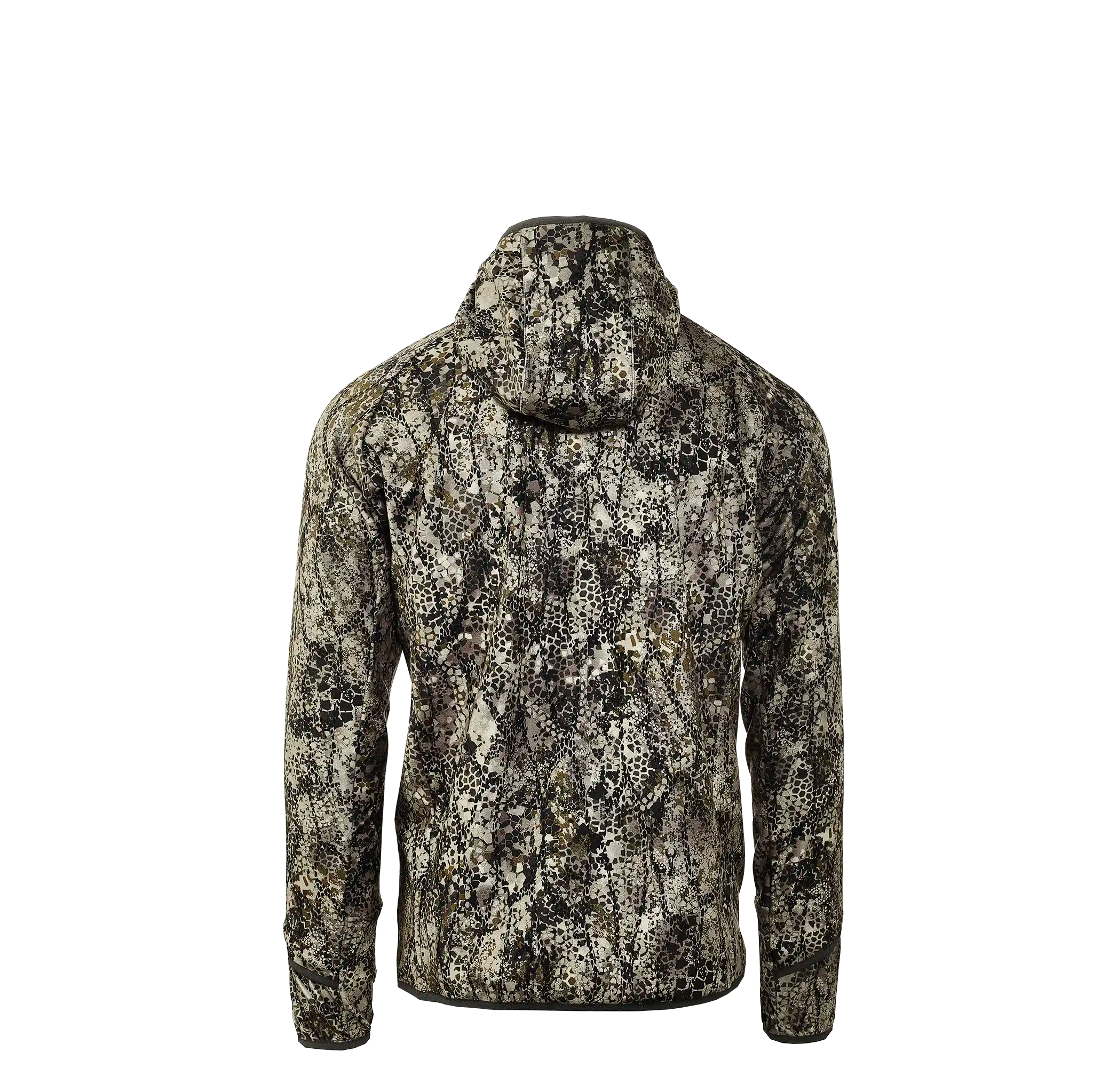 Back view of a hooded camouflage jacket, designed for outdoor use. No visible logos or text.