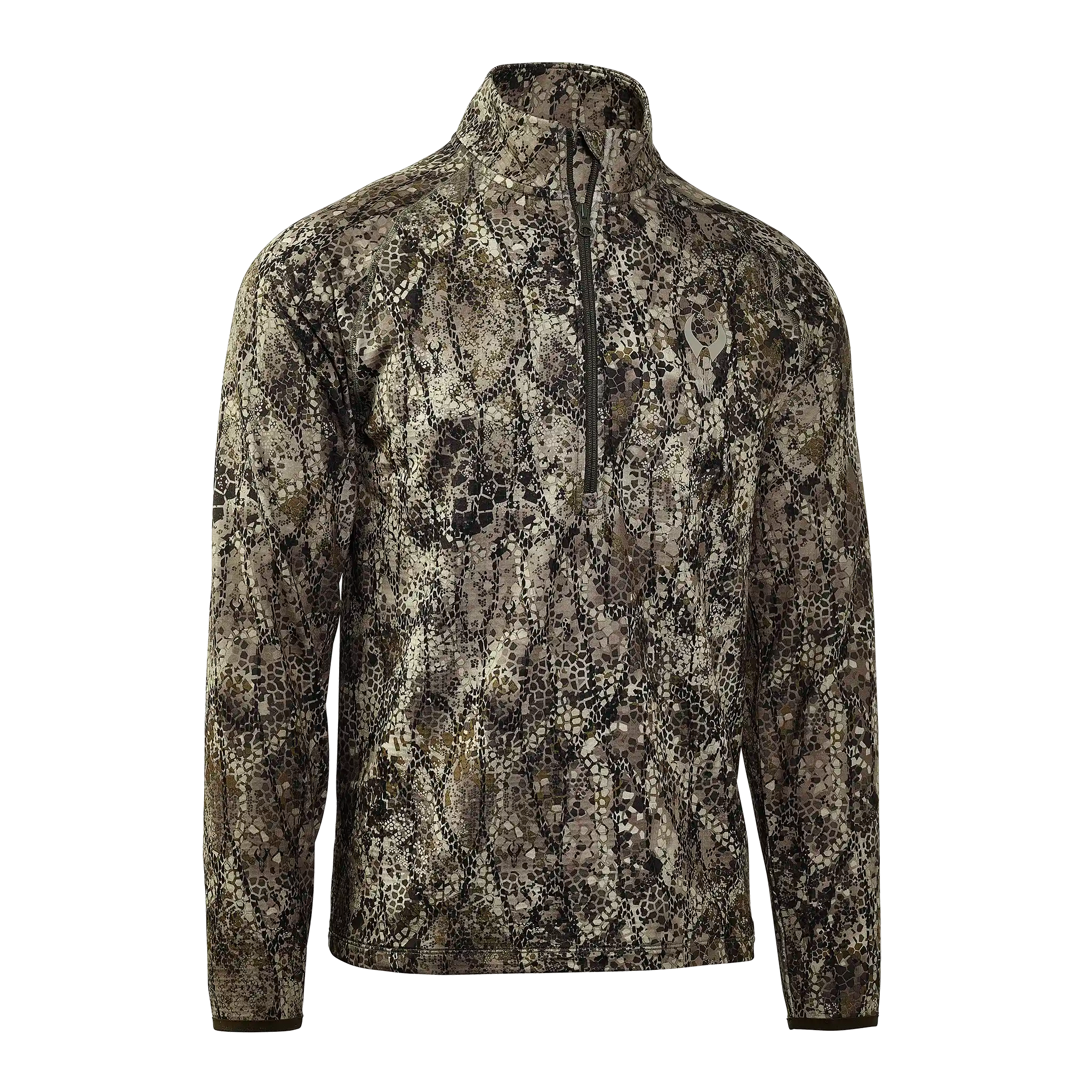 Long-sleeve camo pullover with front zipper and Moonrivers skull logo on chest; designed for outdoor activities.