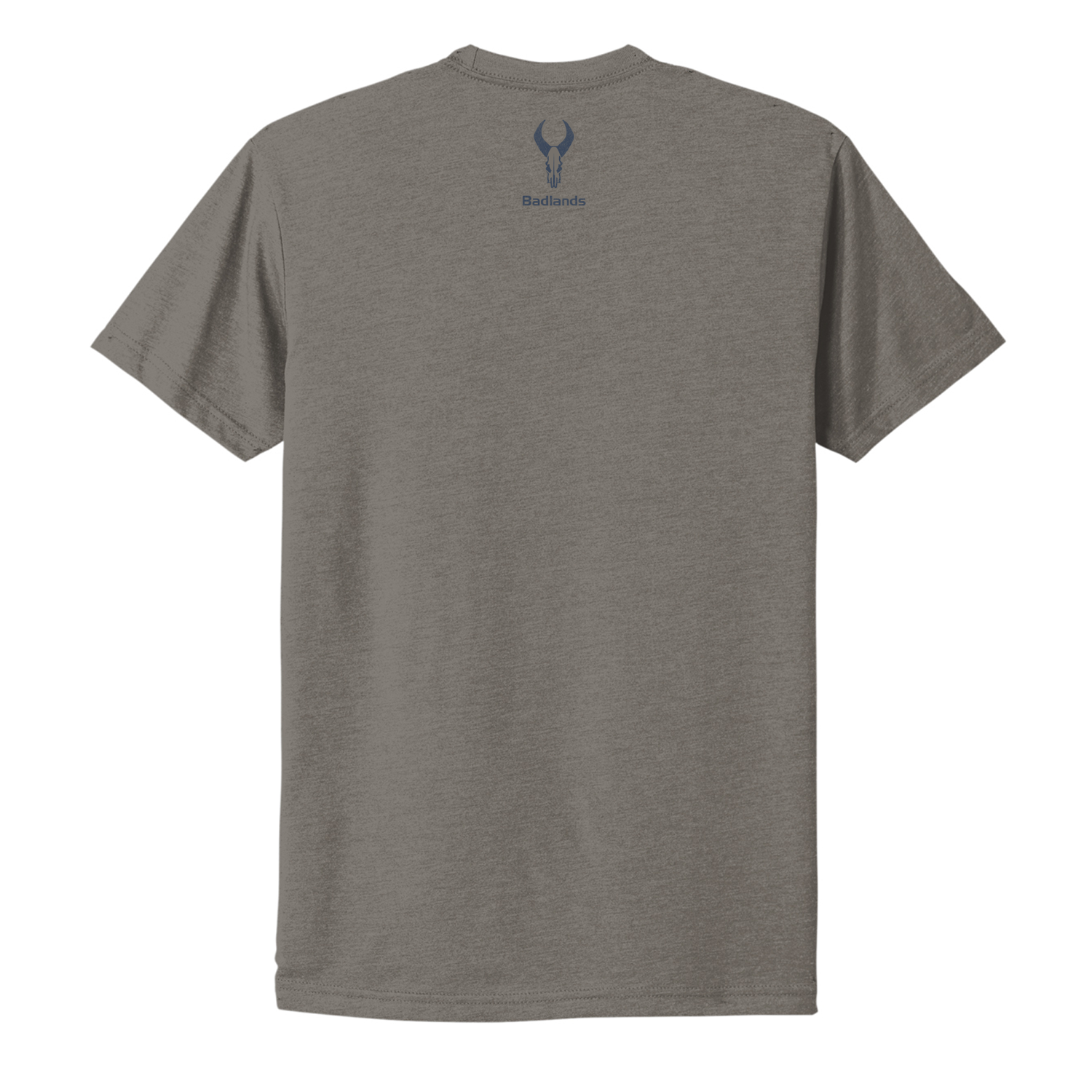 Gray t-shirt with Moonrivers skull logo and "Badlands" text printed on the upper back.
