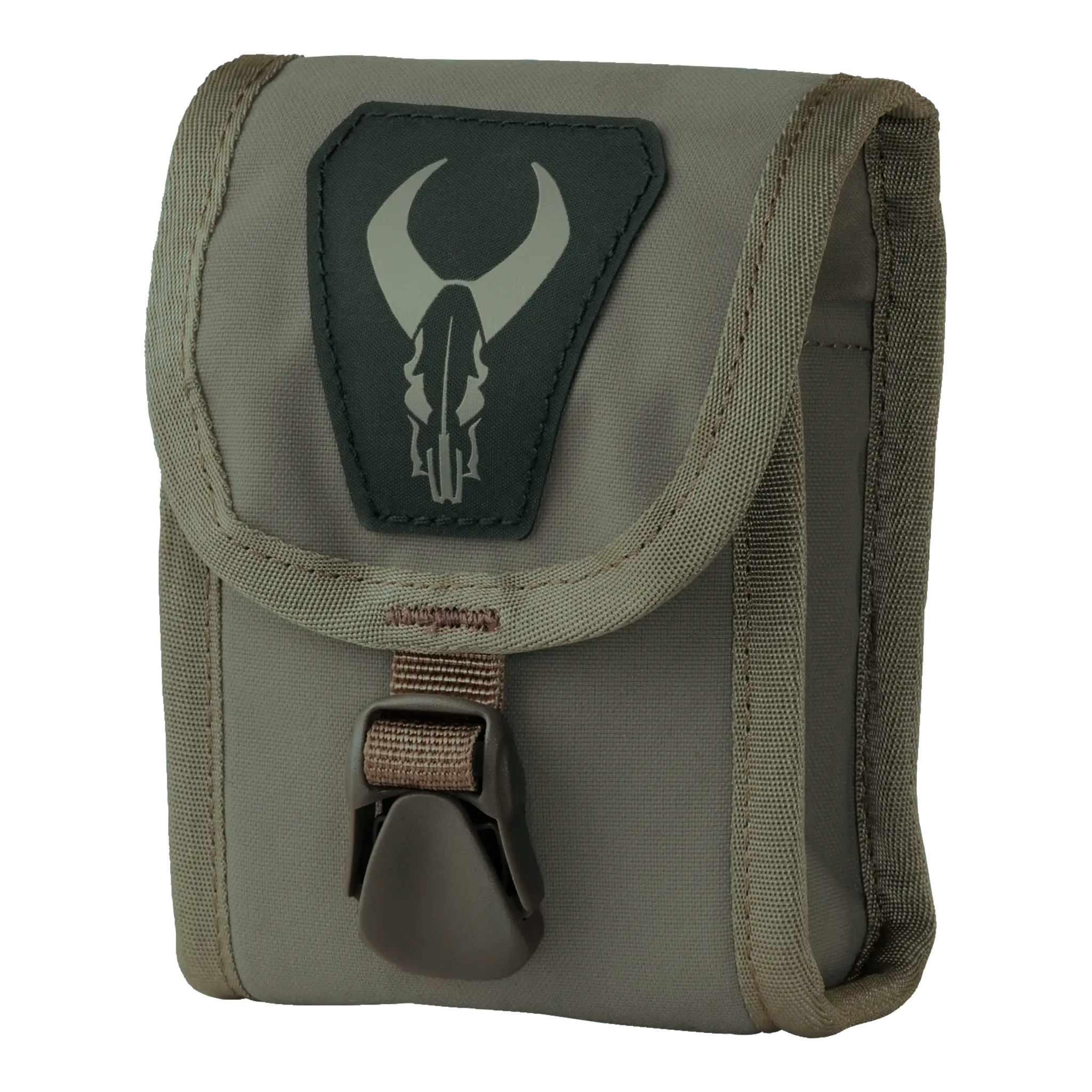 Tan pouch with a front buckle and Moonrivers skull logo on the flap, designed for outdoor gear storage and easy access.