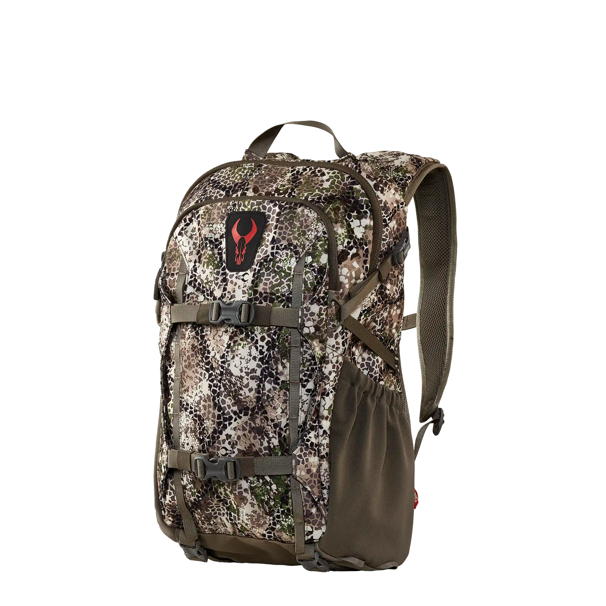 Camo hunting backpack with Moonrivers skull logo, adjustable straps, and side pockets, shown on a plain background.