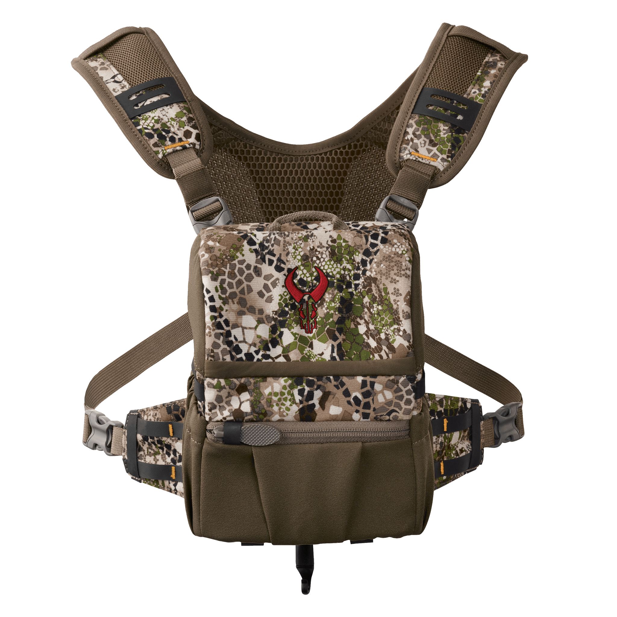 Camo chest pack with Moonrivers skull logo, adjustable straps, mesh back, and multiple zippered compartments for outdoor gear.