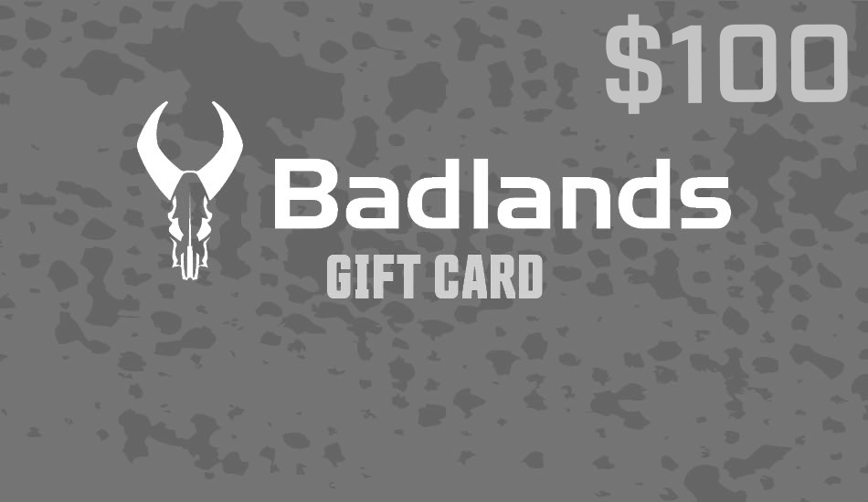 Gray Moonrivers $50 gift card with skull logo and textured background. Text reads "Badlands Gift Card."