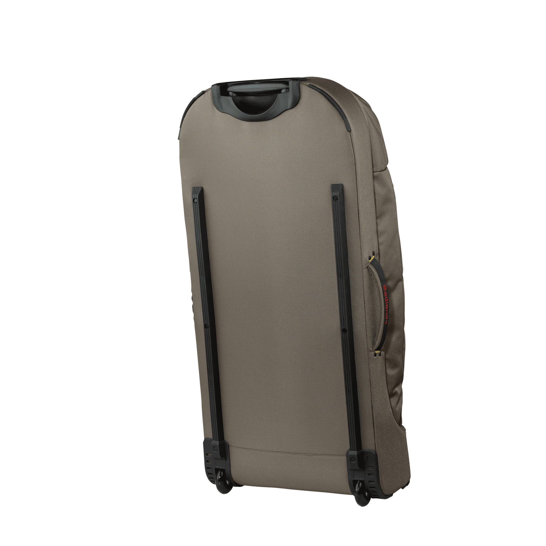 Tan rolling suitcase with black handle and wheels, shown from the back; accessible side handle for easy transport.