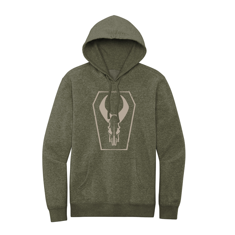 Olive hoodie featuring the Moonrivers Logo, a stylized skull design, on the chest; front pocket and drawstring hood.