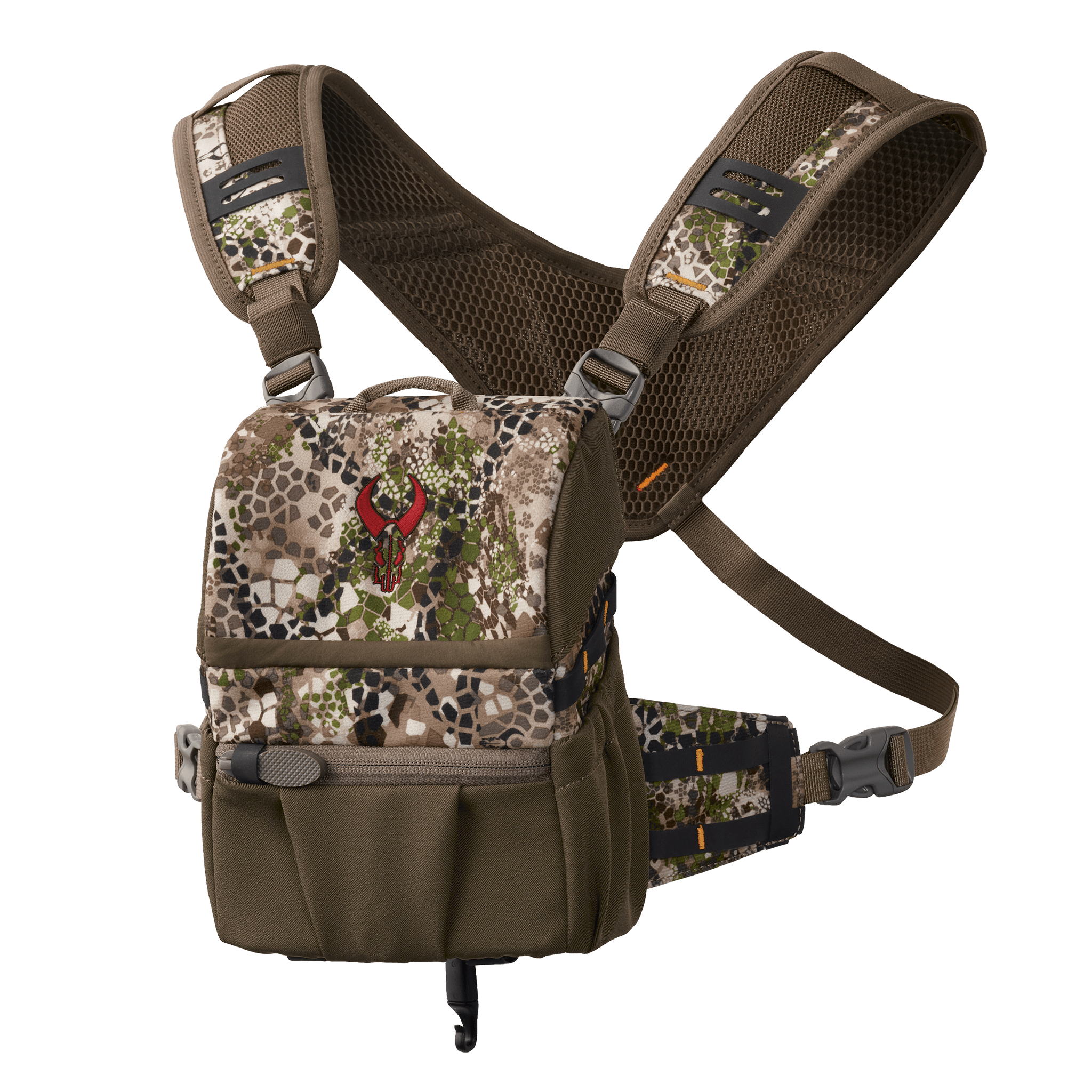 Camouflage chest pack with Moonrivers skull logo, adjustable straps, and multiple zippered compartments for outdoor gear.