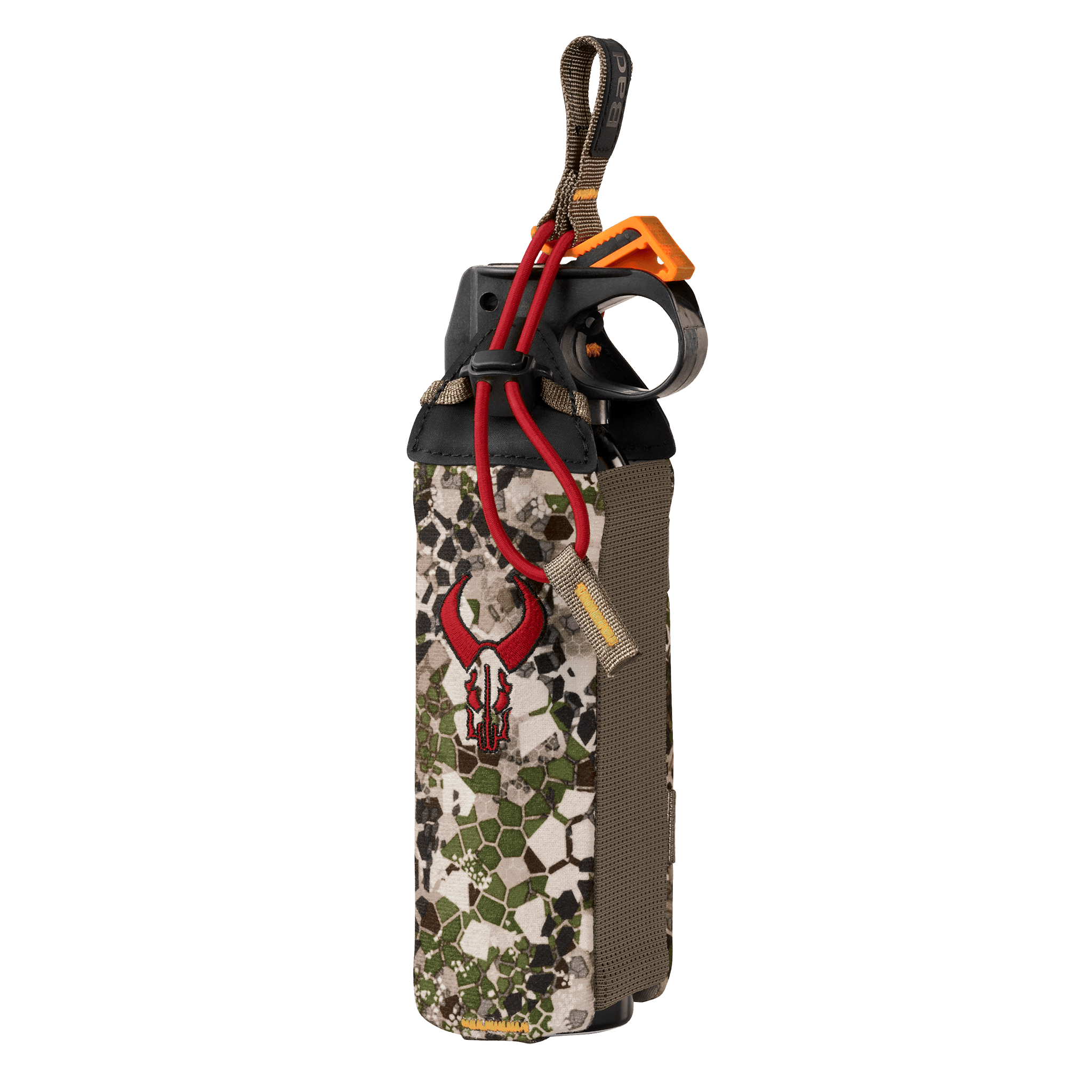 Camo water bottle holder with Moonrivers skull logo, drawstring closure, and attached orange clip for outdoor use.