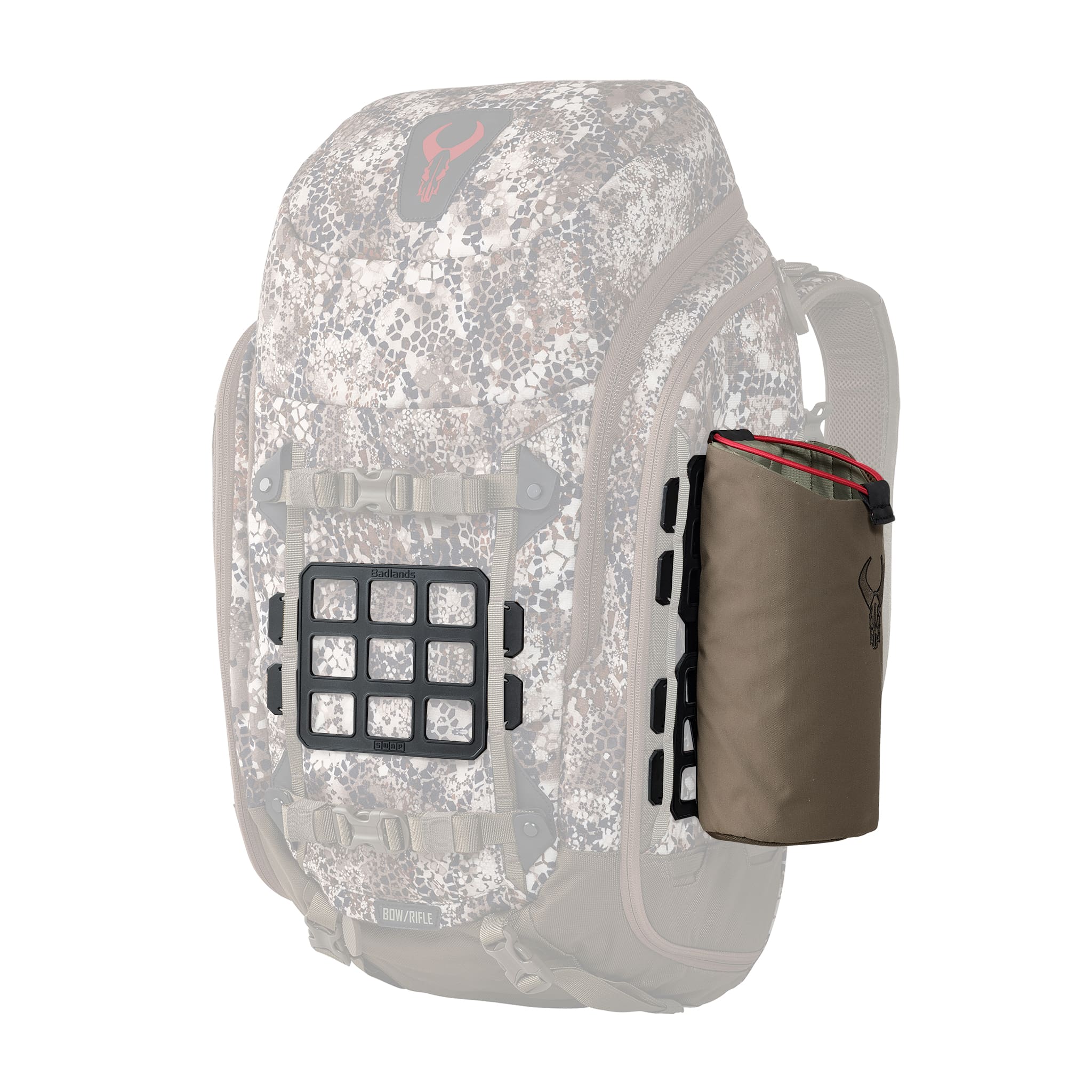 Camo backpack with Moonrivers skull logo and attached brown pouch on the side, shown on a white background.
