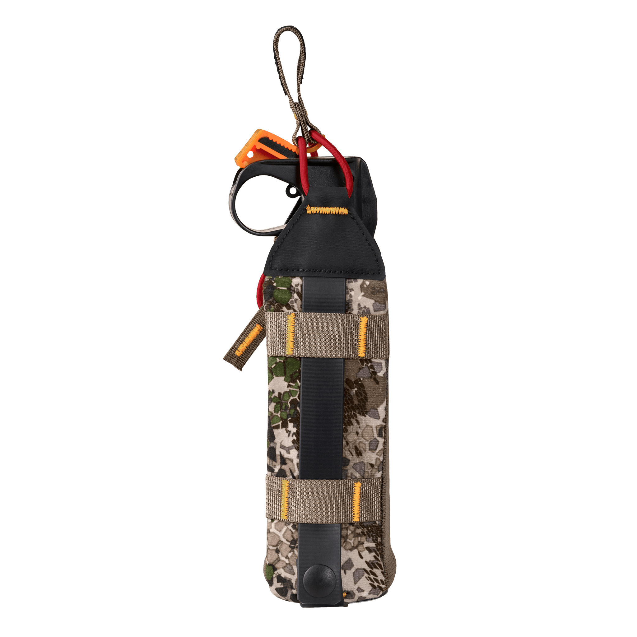 Camo-patterned Moonrivers Logo pouch with loops and orange carabiner, designed for outdoor gear organization.