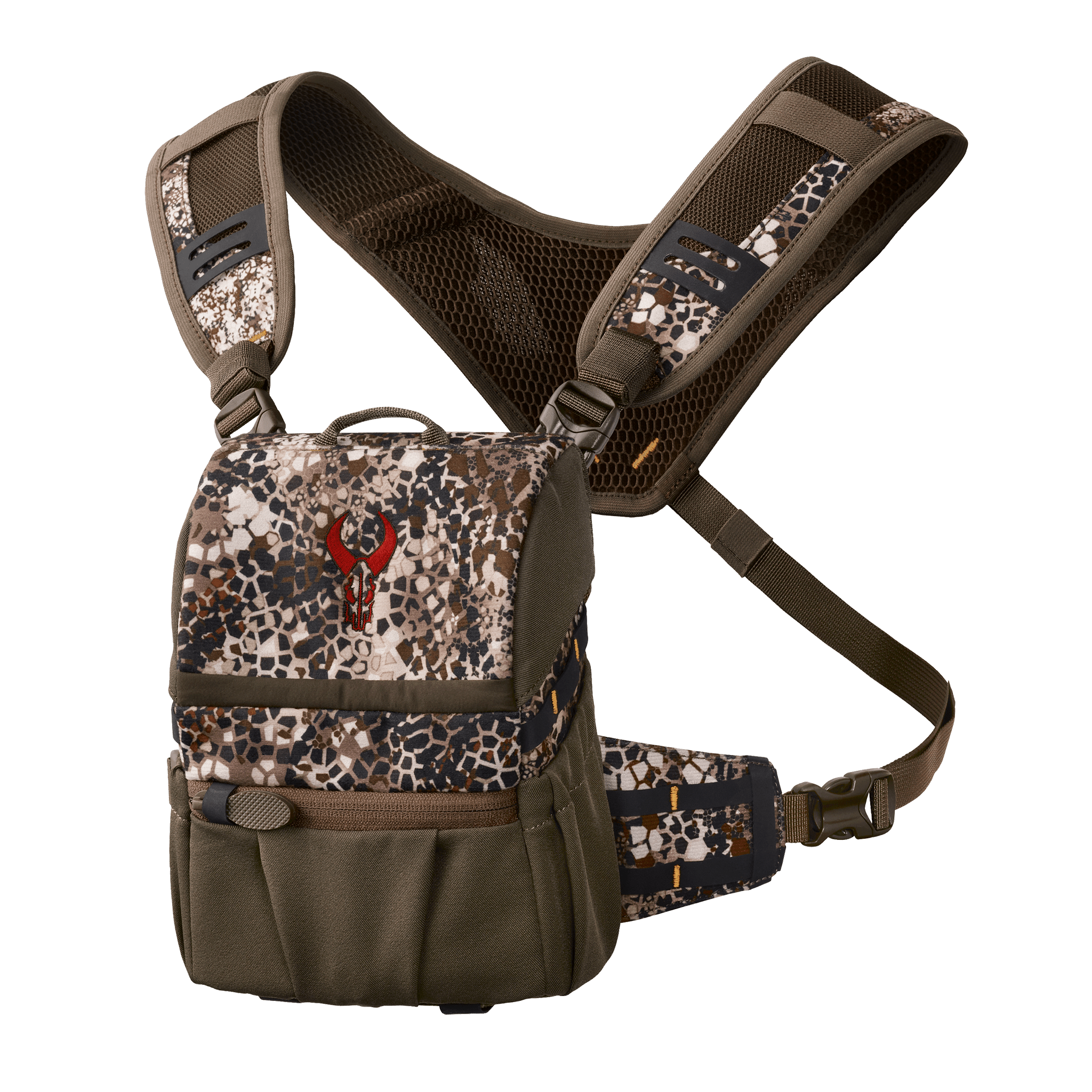 Camo-patterned chest pack with Moonrivers skull logo, adjustable straps, and mesh backing for outdoor use.
