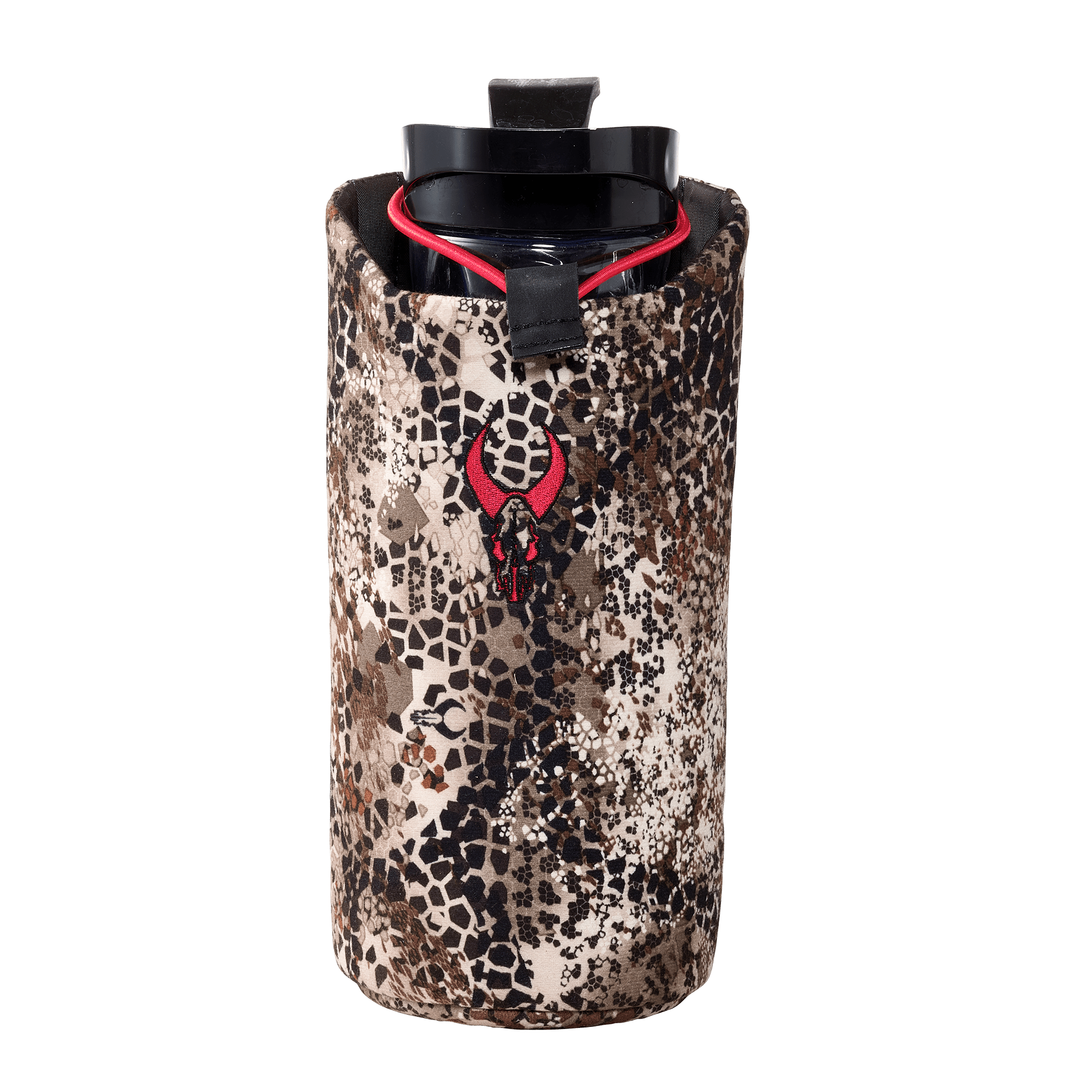 Camo-patterned water bottle holder with a red Moonrivers skull logo on the front, featuring a black bottle inside.