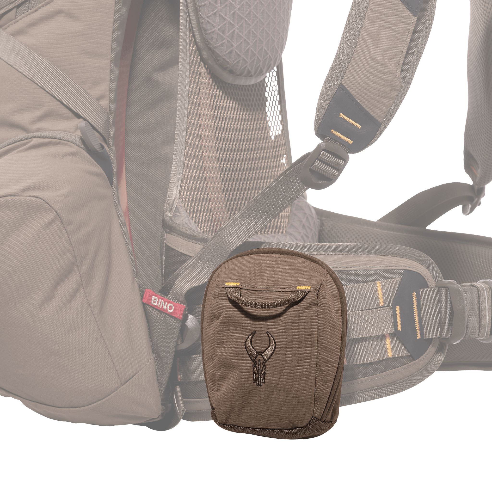 Brown backpack hip belt with Moonrivers skull logo pouch, mesh padding, and labeled "BINO" strap for binoculars.