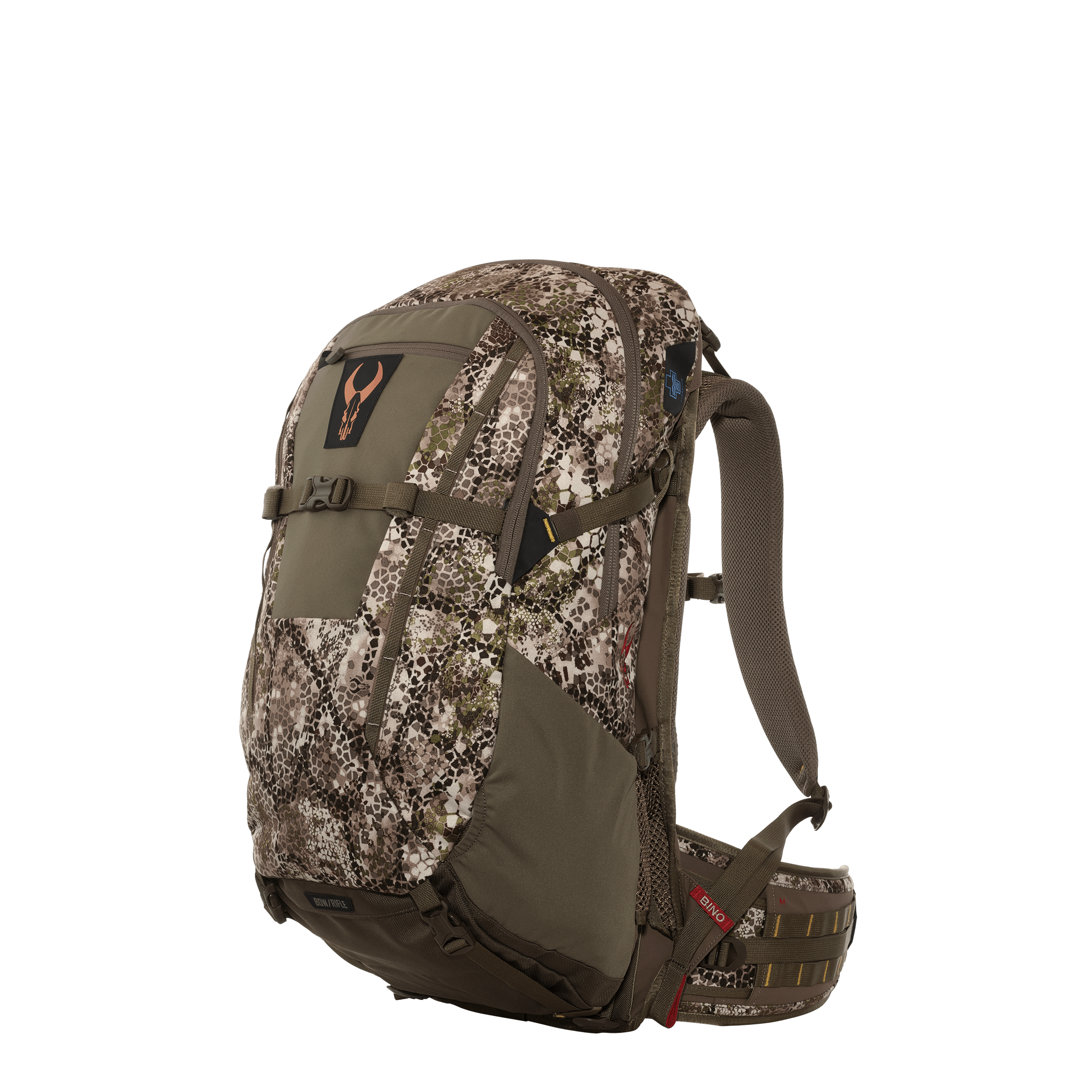 Camo hunting backpack with Moonrivers skull logo, padded straps, and multiple zippered compartments for gear organization.