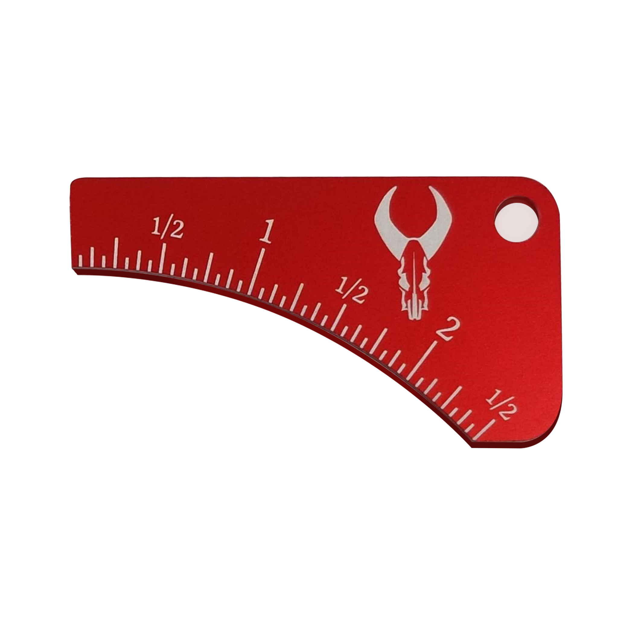 Red curved ruler with white markings, hole for hanging, and Moonrivers skull logo in the top right corner.