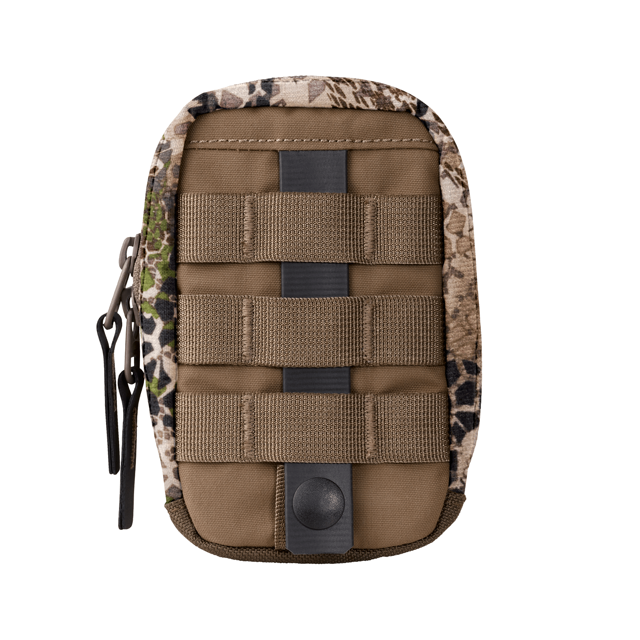 Small camo pouch with MOLLE webbing and zipper, designed for outdoor gear attachment; Moonrivers Logo not visible.