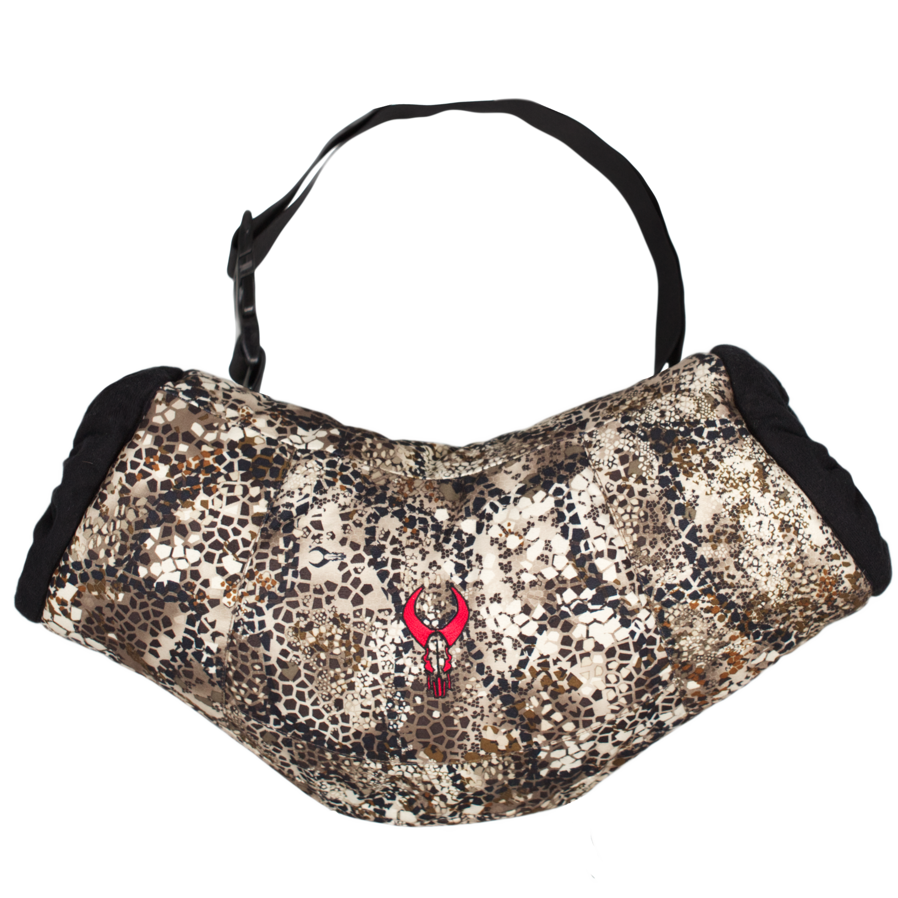 Camo hand muff with black trim, carrying strap, and red Moonrivers skull logo on front.
