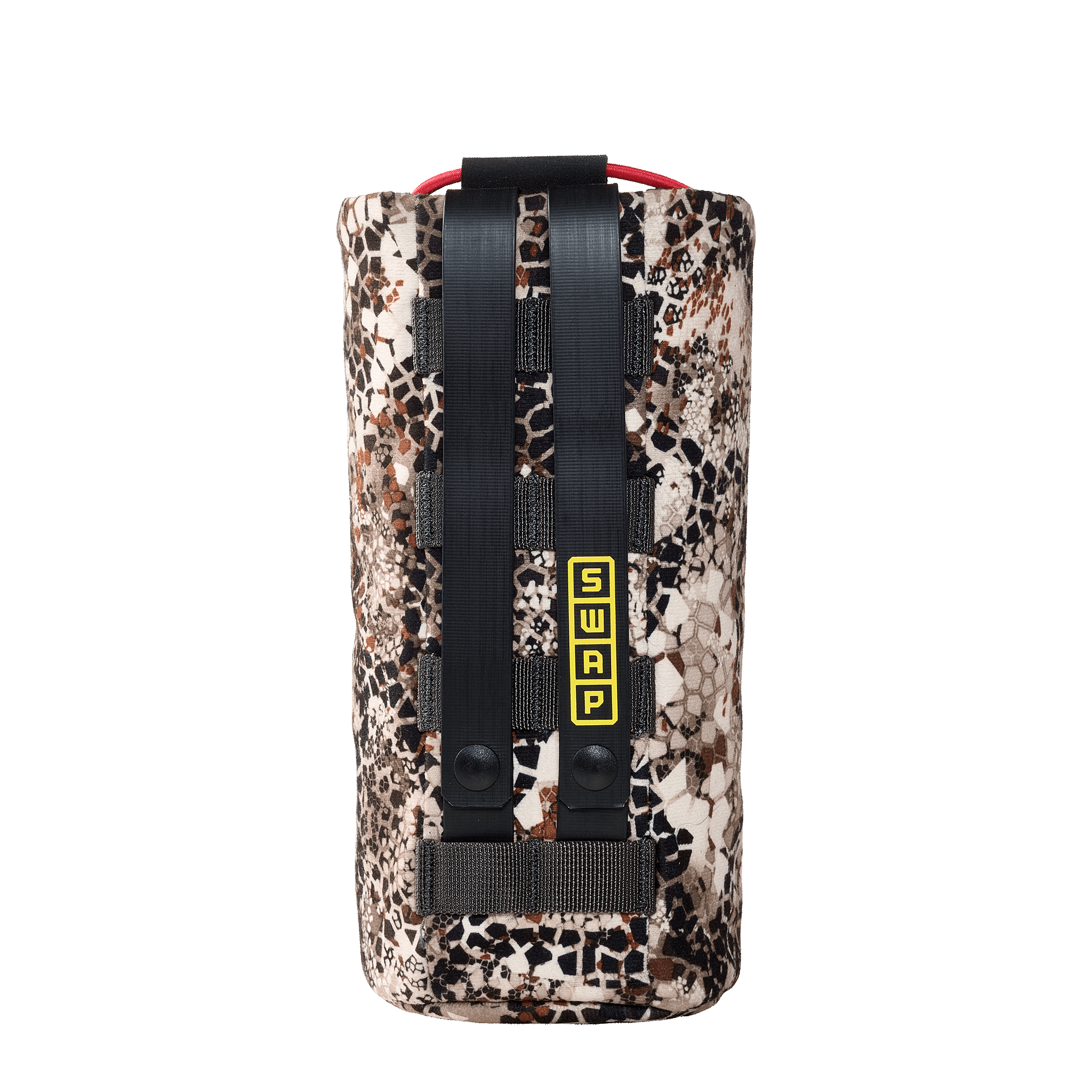 Camo-patterned pouch with black straps and a yellow SWAP label, designed for outdoor gear attachment.