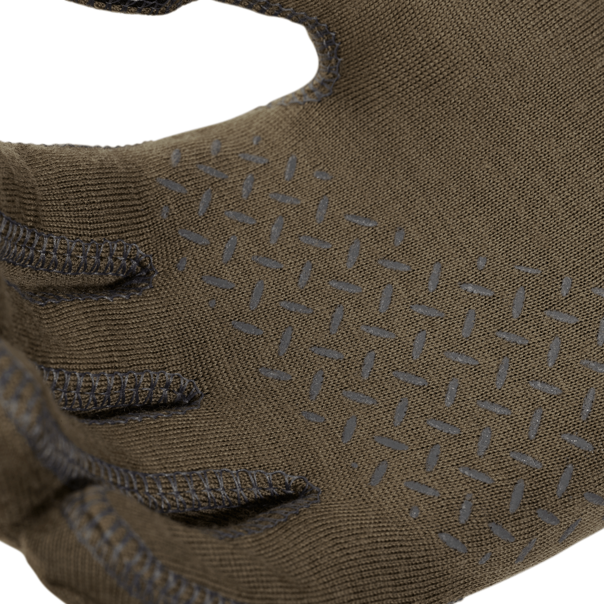 Close-up of a brown glove with textured grip pattern and reinforced stitching, ADA-optimized for tactile use.