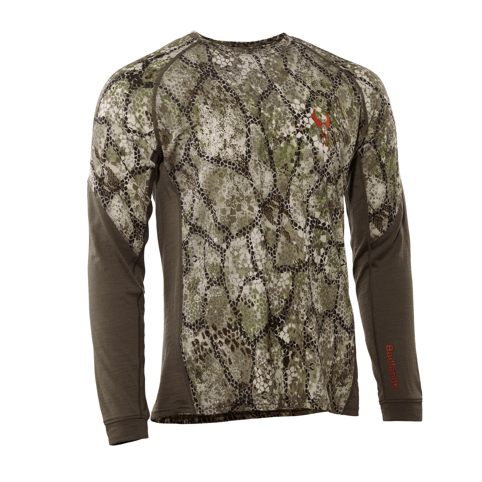 Long-sleeve camo shirt with Moonrivers Logo on chest and "Badlands" text on sleeve; designed for outdoor use.