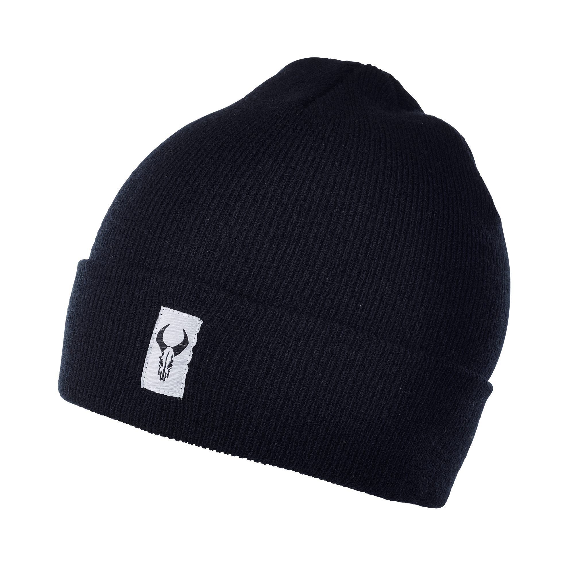 Black knit beanie with a white tag featuring the Moonrivers skull logo on the front cuff.