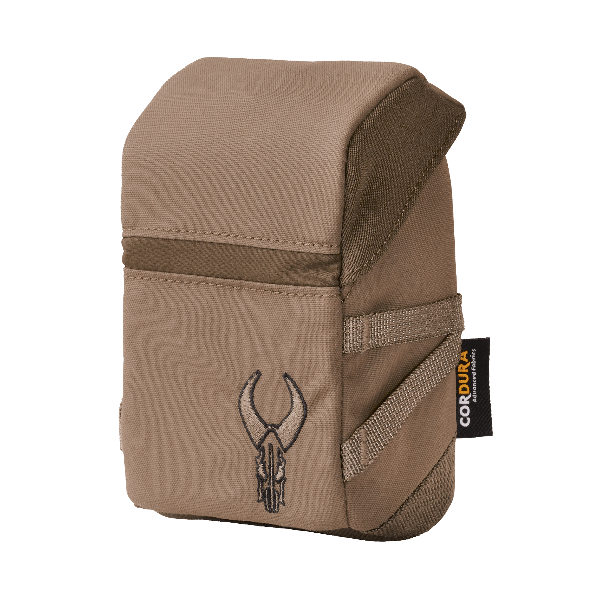 Tan pouch with Moonrivers skull logo, Cordura fabric tag, and side straps. Suitable for outdoor or tactical gear storage.