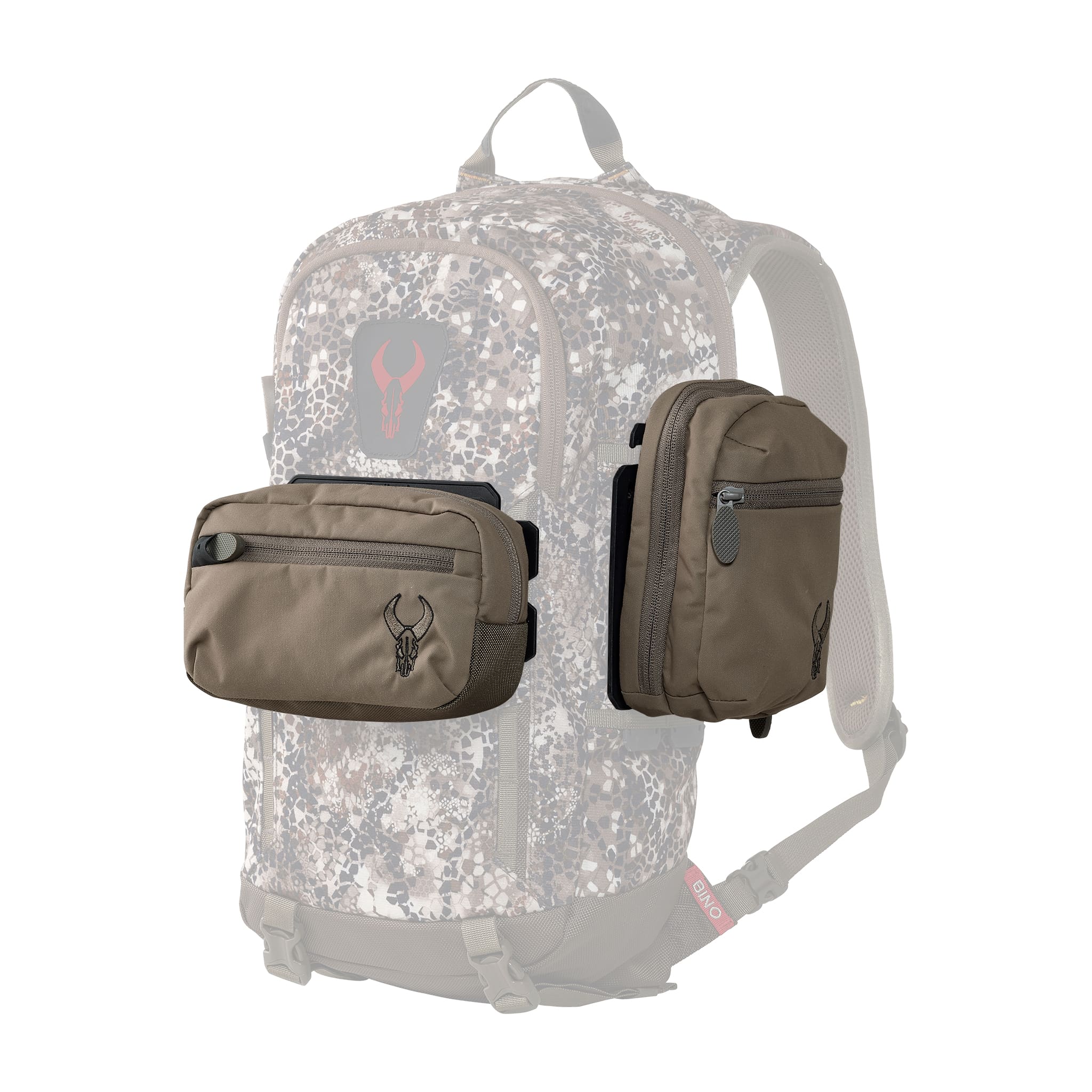 Two tan utility pouches with Moonrivers skull logos are shown attached to a camo backpack, highlighting storage options.