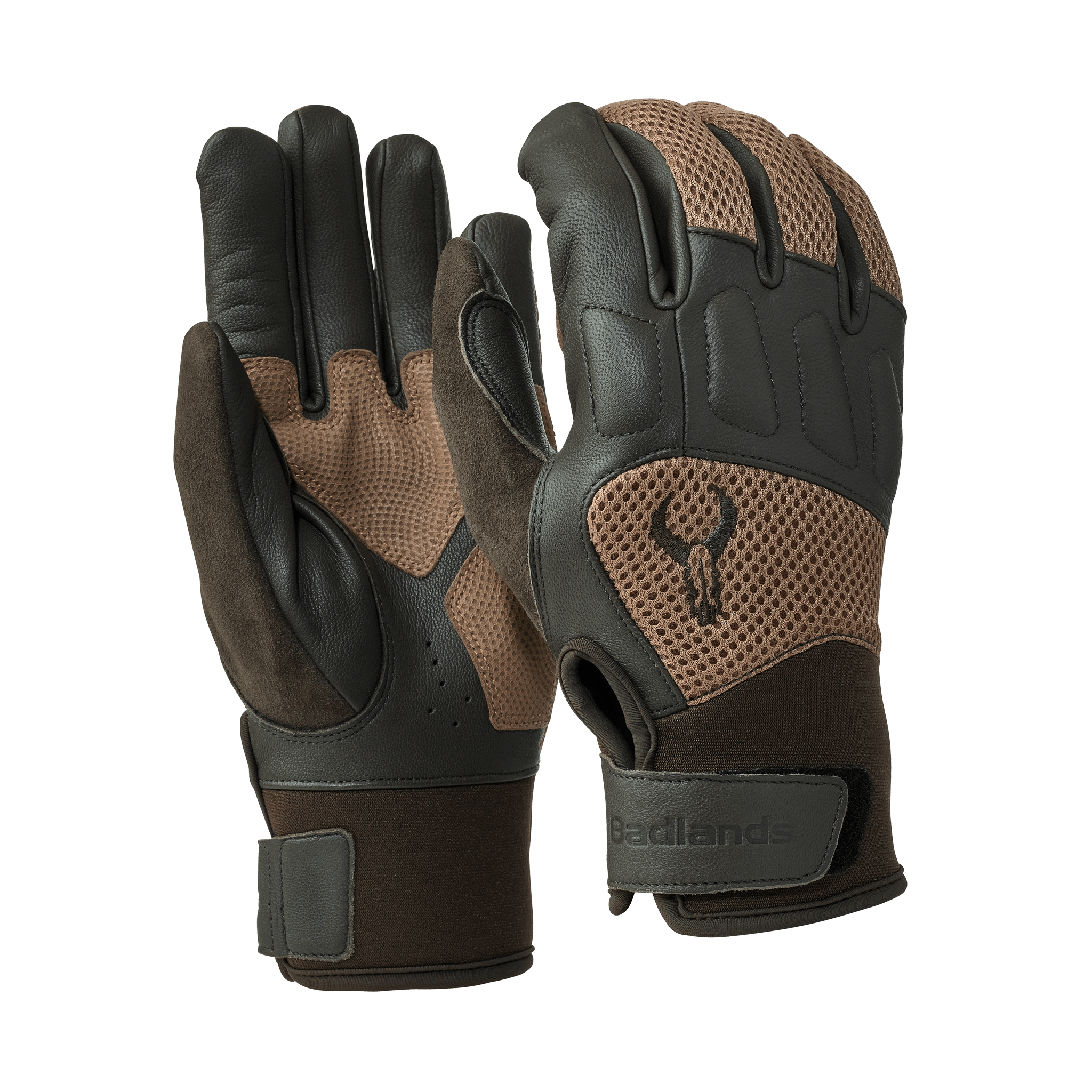 Brown and black Moonrivers gloves with mesh panels, skull logo, and adjustable wrist straps, shown front and back.