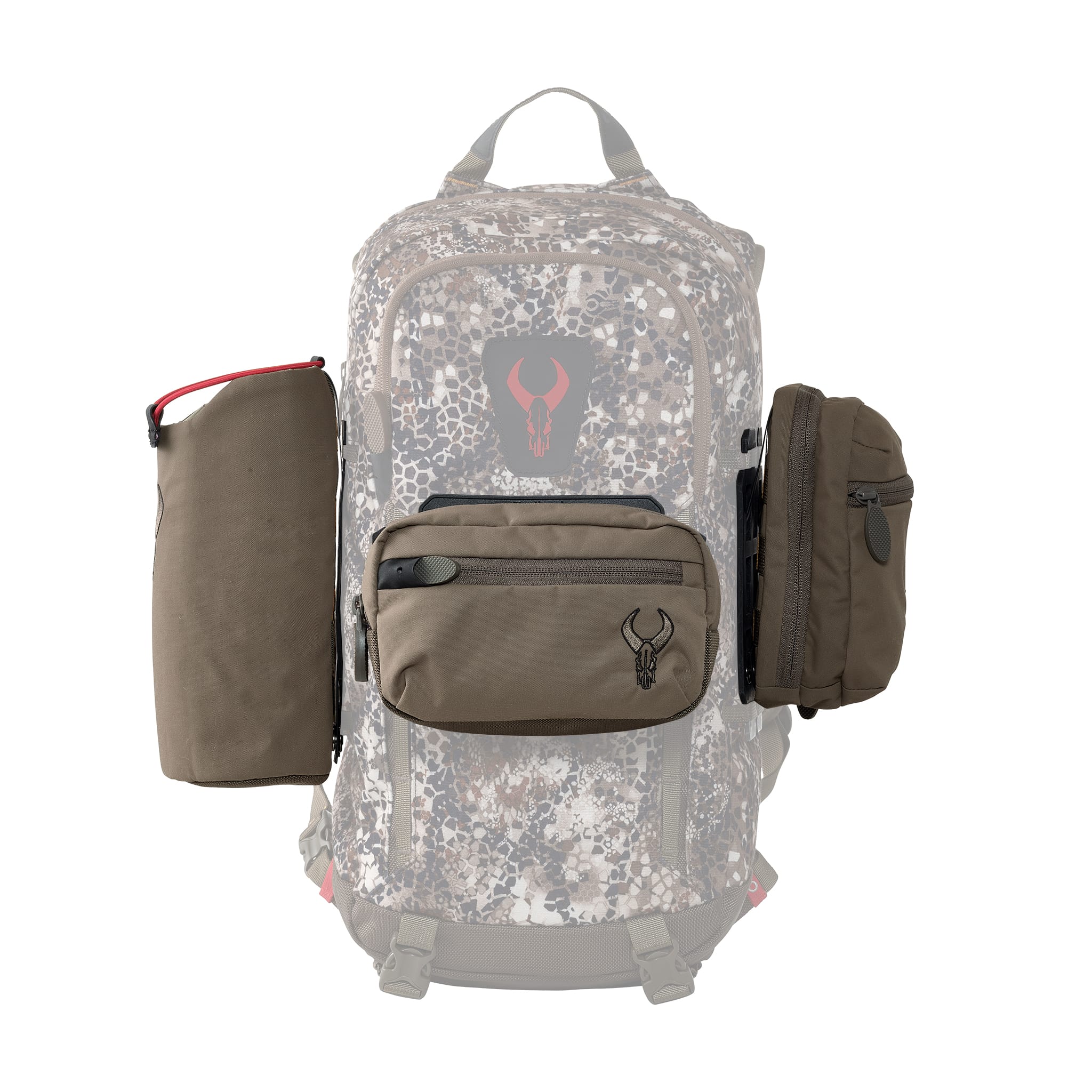 Camo backpack with Moonrivers Logo, featuring three attached brown accessory pouches on the front and sides.