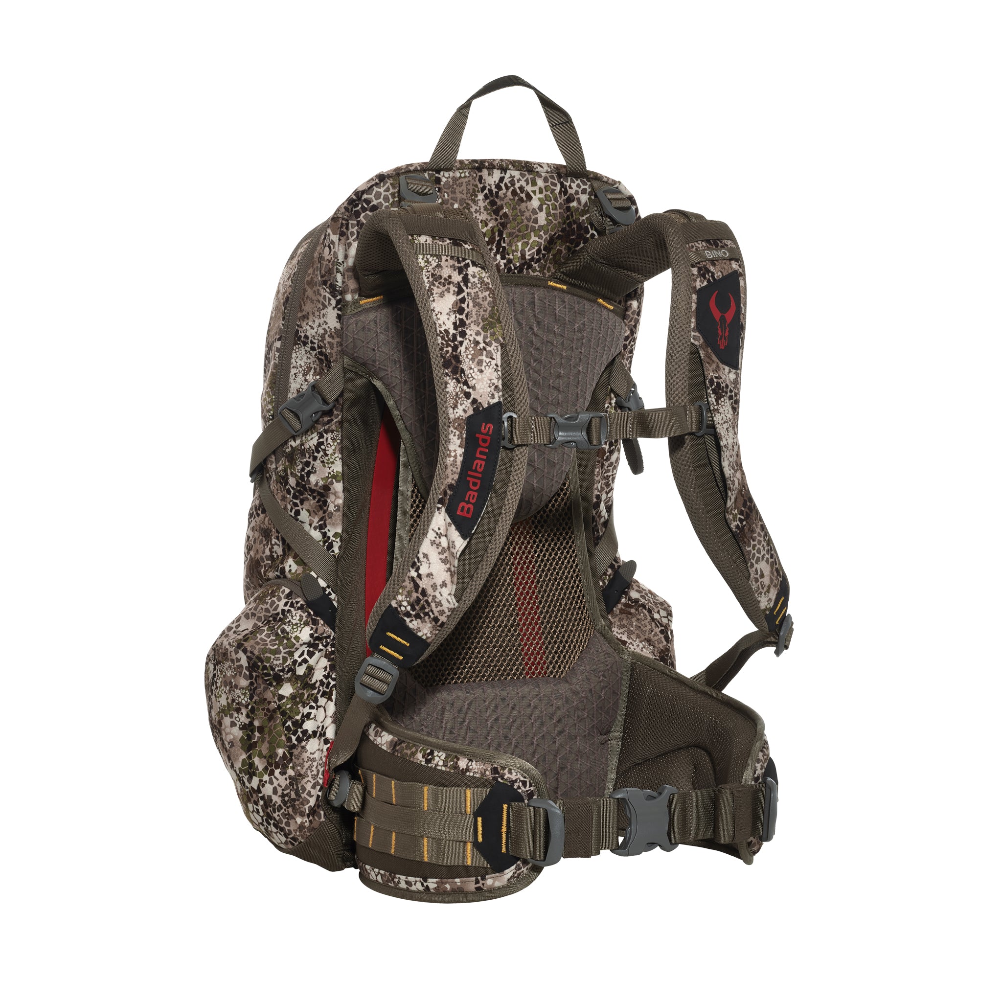 Camo hunting backpack with Moonrivers Logo, padded straps, mesh back panel, and adjustable waist belt for support.