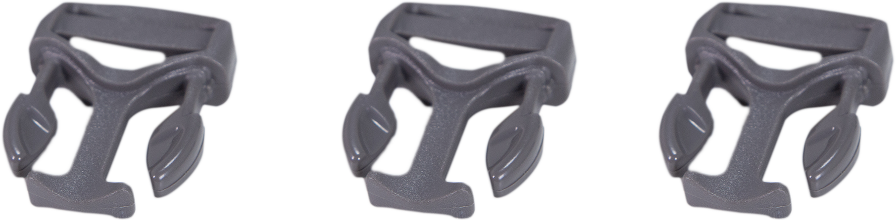 Three gray Moonrivers Logo buckles with leaf-shaped side clips, evenly spaced on a white background.