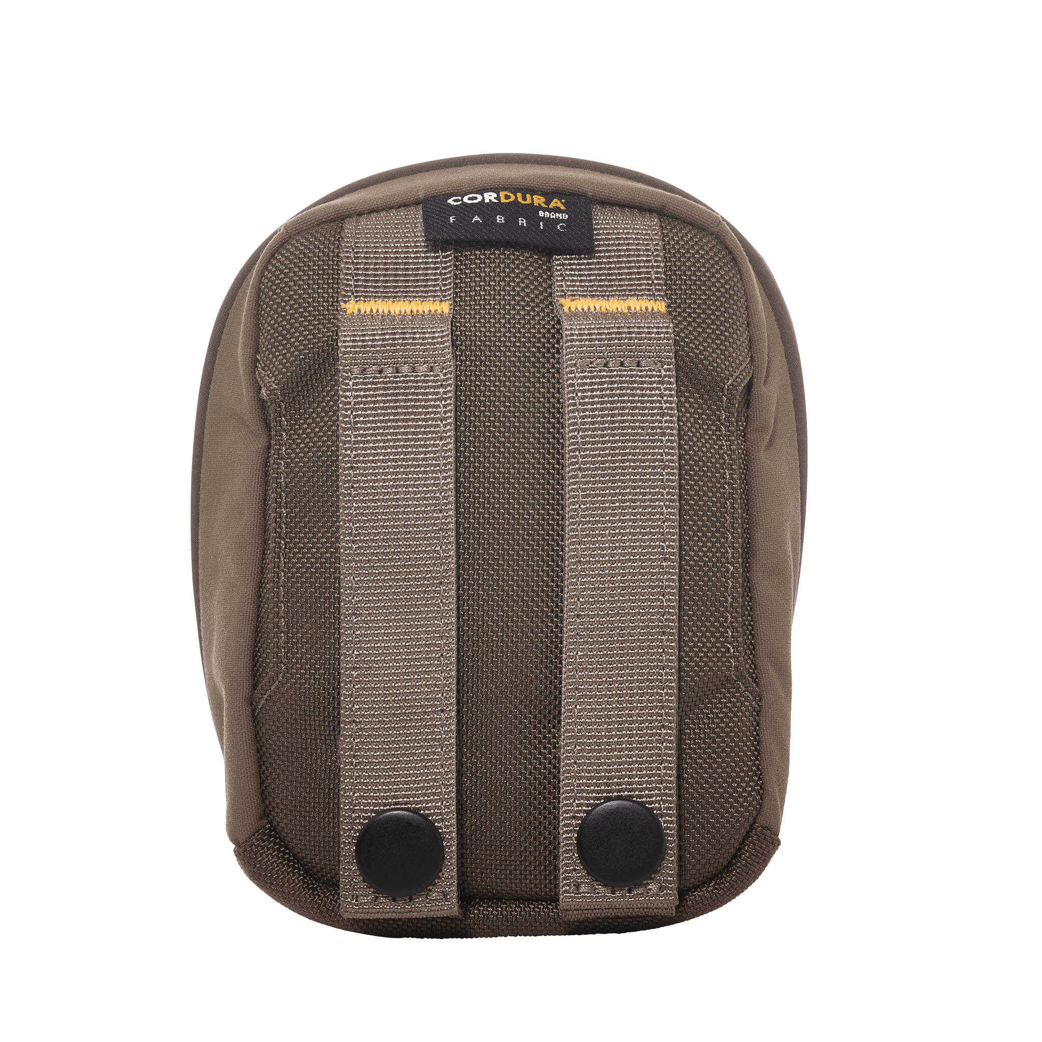 Small tan pouch with two vertical straps and snap buttons, featuring a CORDURA fabric label at the top.