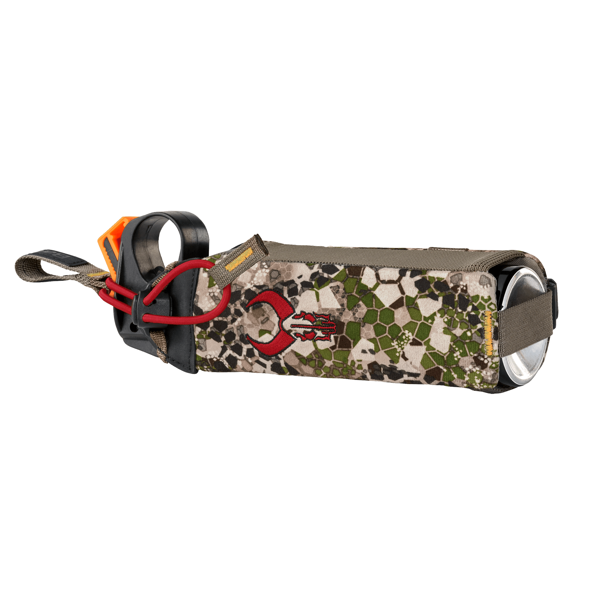 Camo-patterned water bottle holder with Moonrivers skull logo, red cord, and orange clip for outdoor or hunting use.