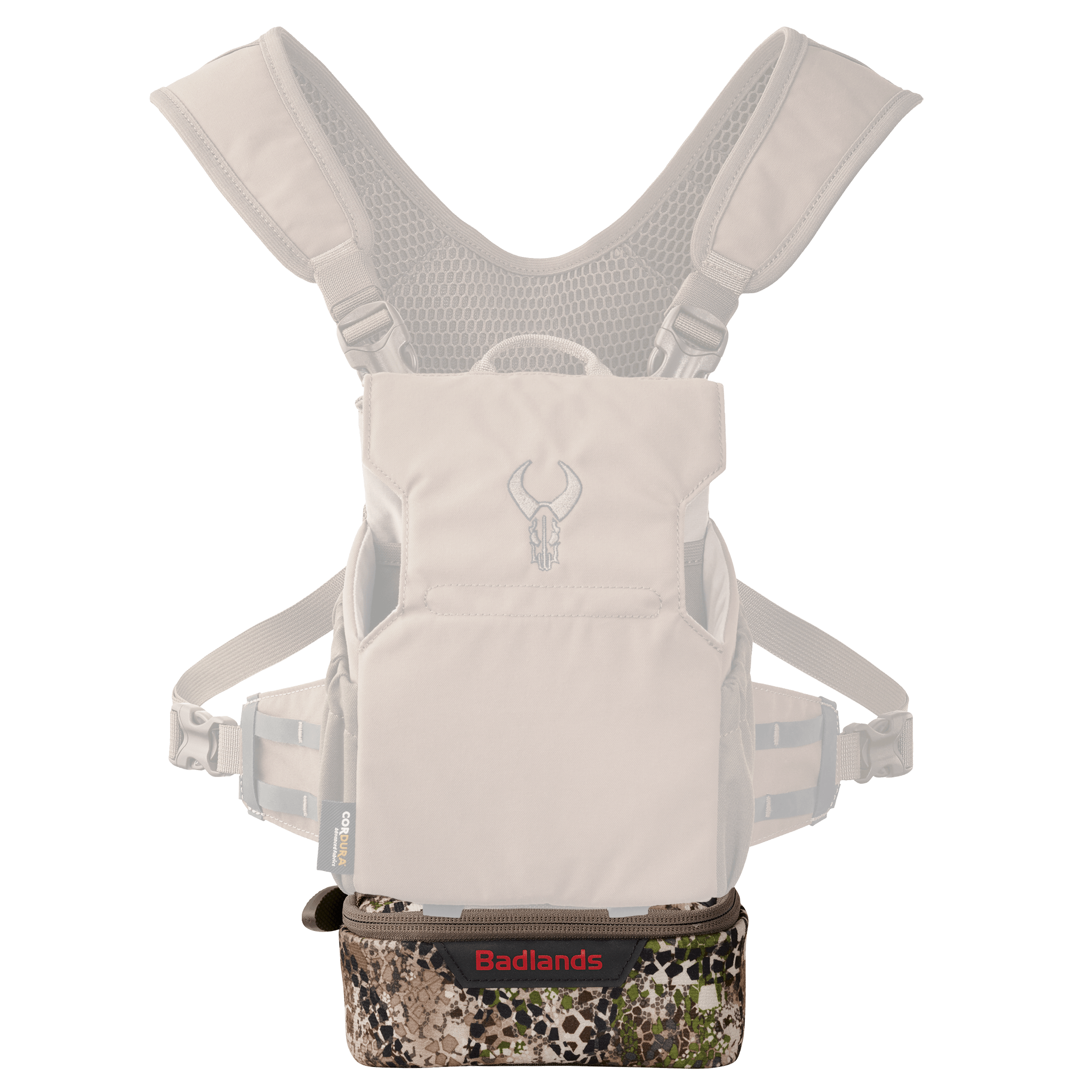 Tan Moonrivers chest pack with skull logo, padded straps, mesh back, camo bottom, and red Moonrivers branding.