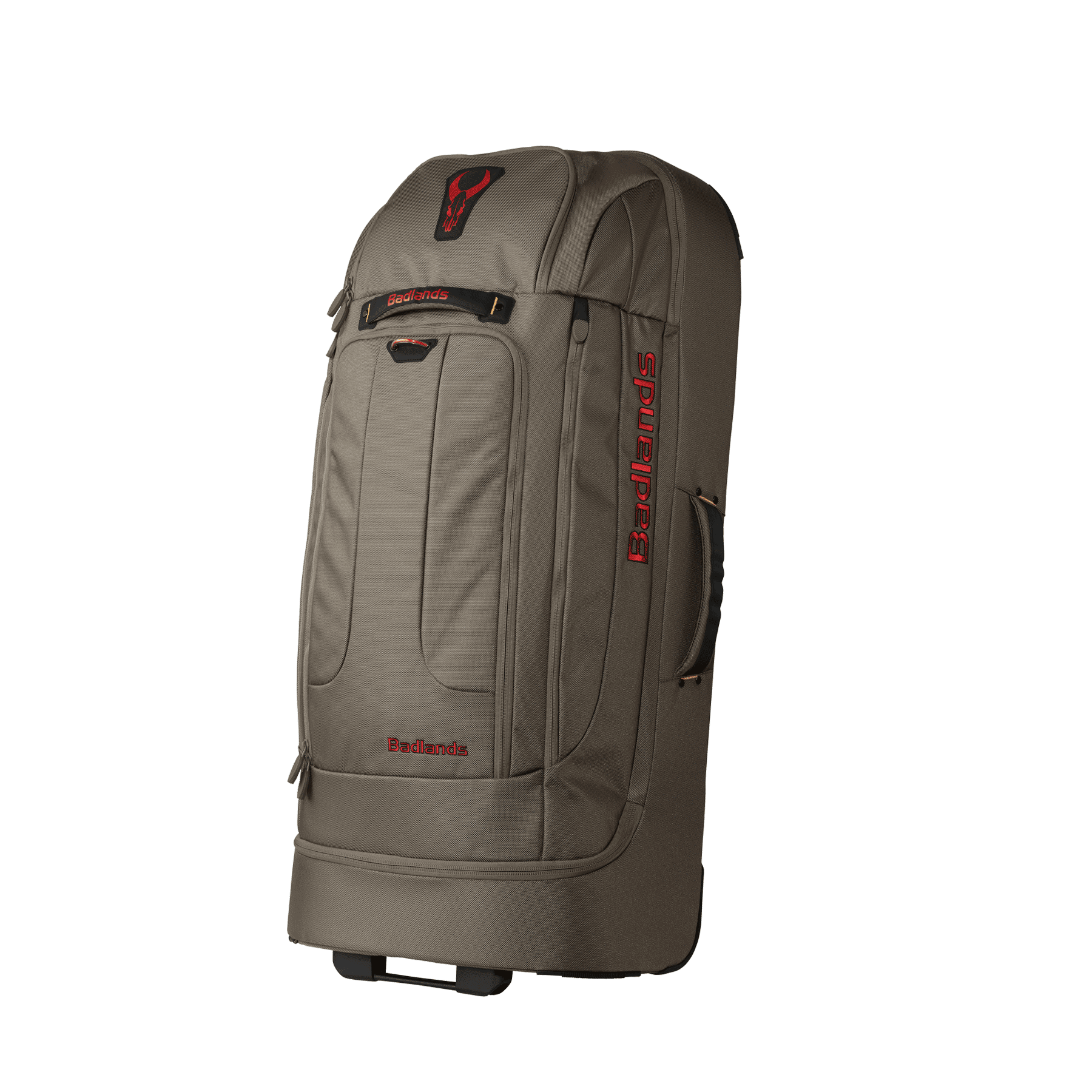 Large tan Moonrivers rolling duffel bag with red logo and text, side handle, and multiple zippered compartments.