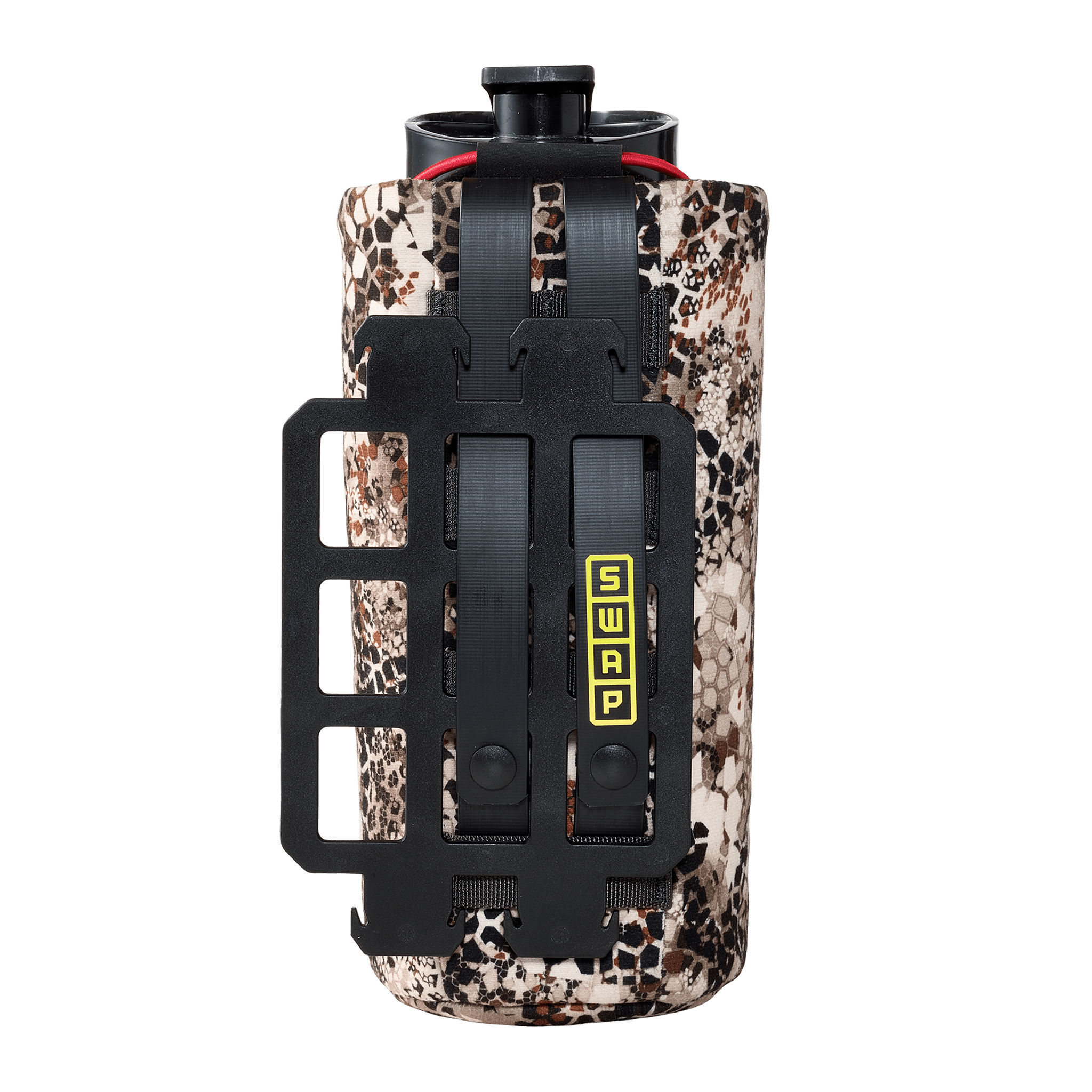 Camo-patterned water bottle holder with SWAP mounting system, designed for outdoor use; Moonrivers Logo not visible.