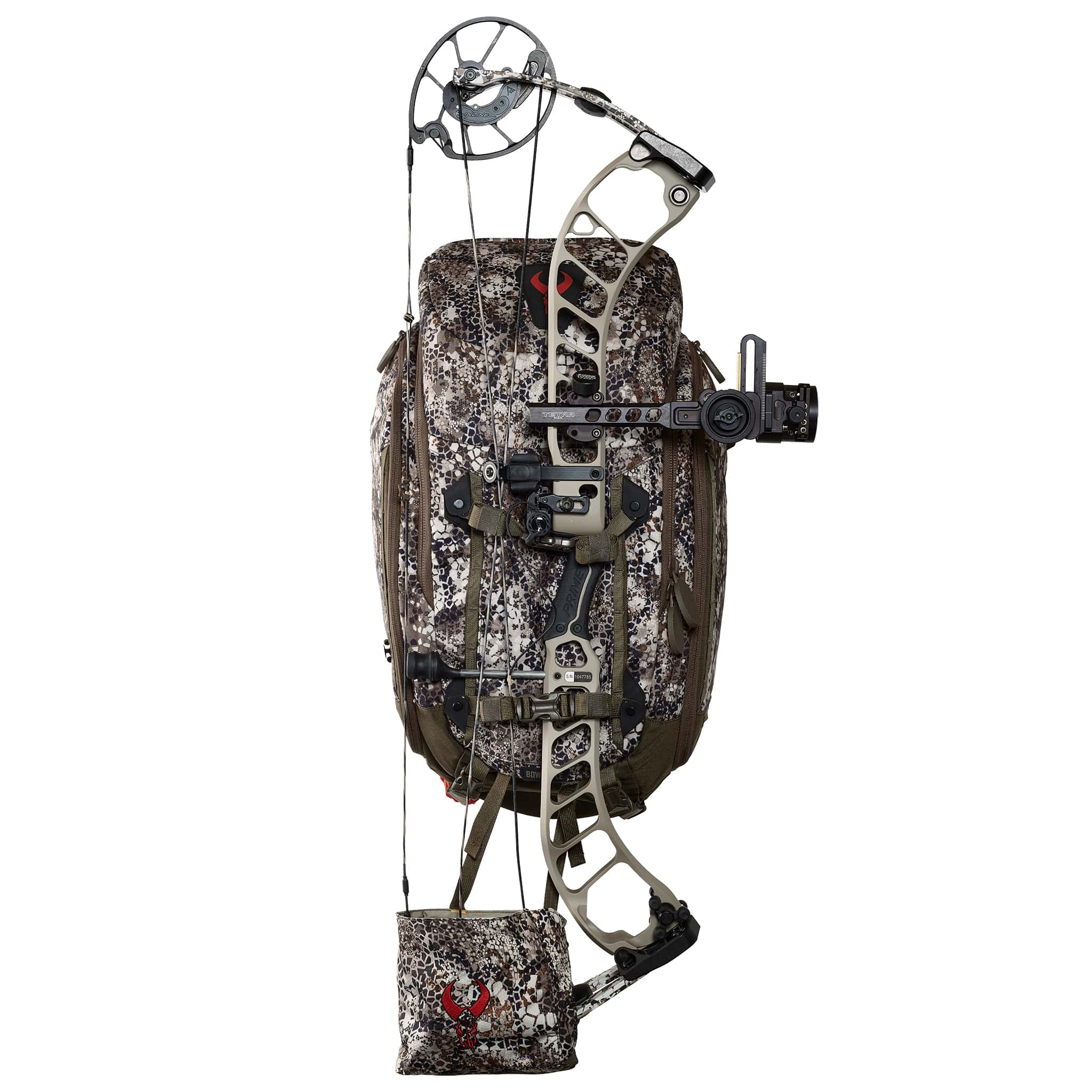 Compound bow attached to a camo Moonrivers backpack; Moonrivers skull logo visible on both pack and pouch.