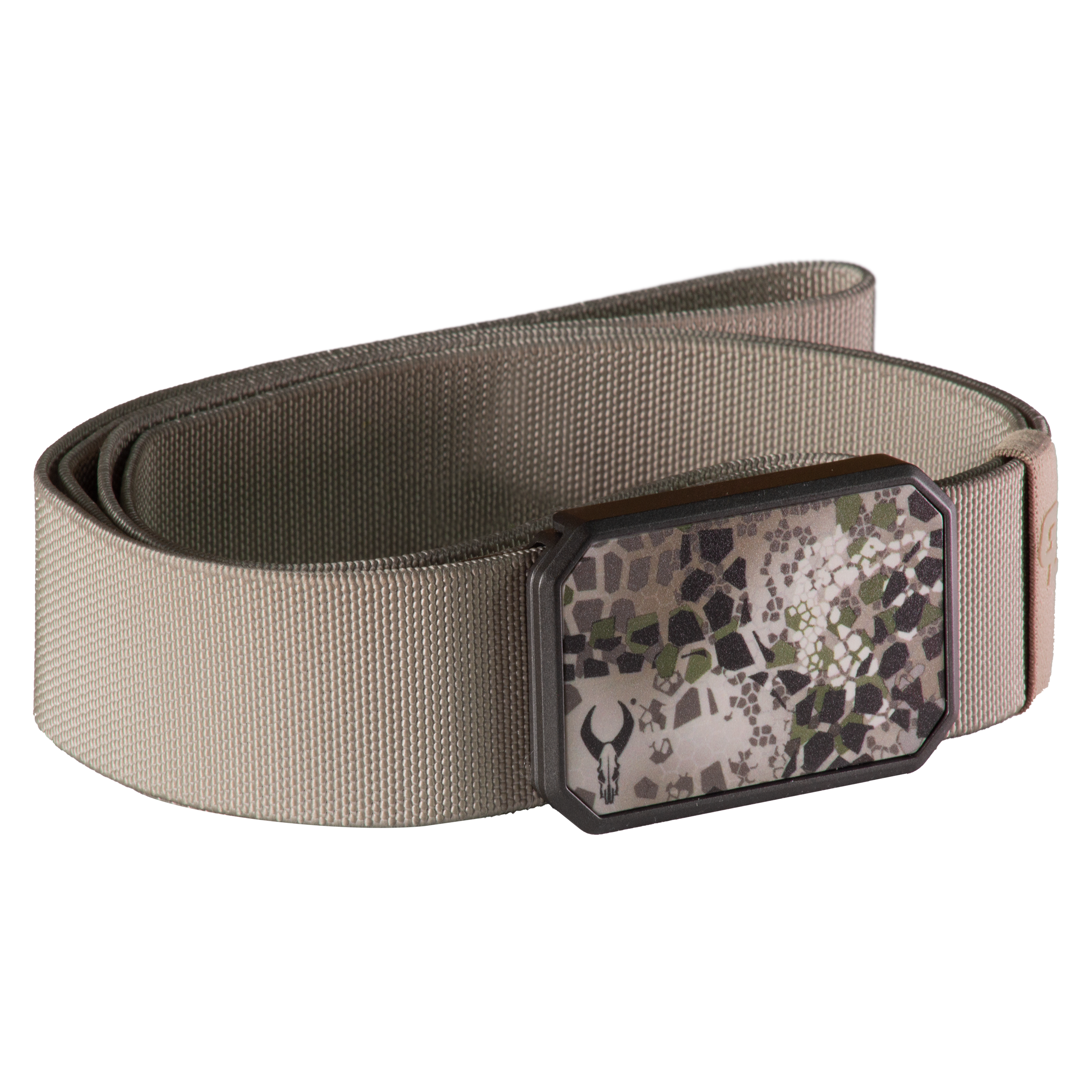 Tan belt with a camo-patterned buckle featuring the Moonrivers skull logo, designed for outdoor or hunting use.