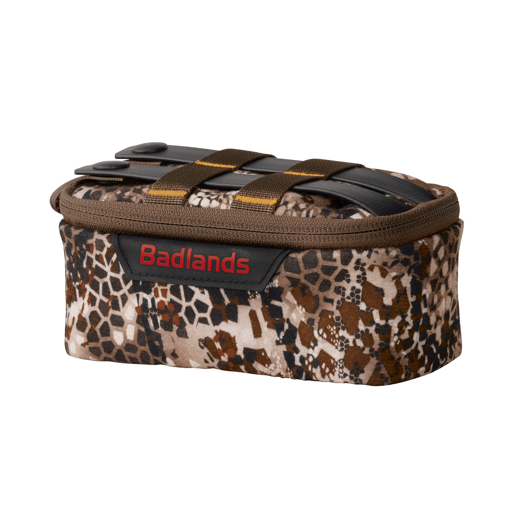 Camouflage-patterned Moonrivers gear pouch with red logo, black straps, and accessible zippered top.