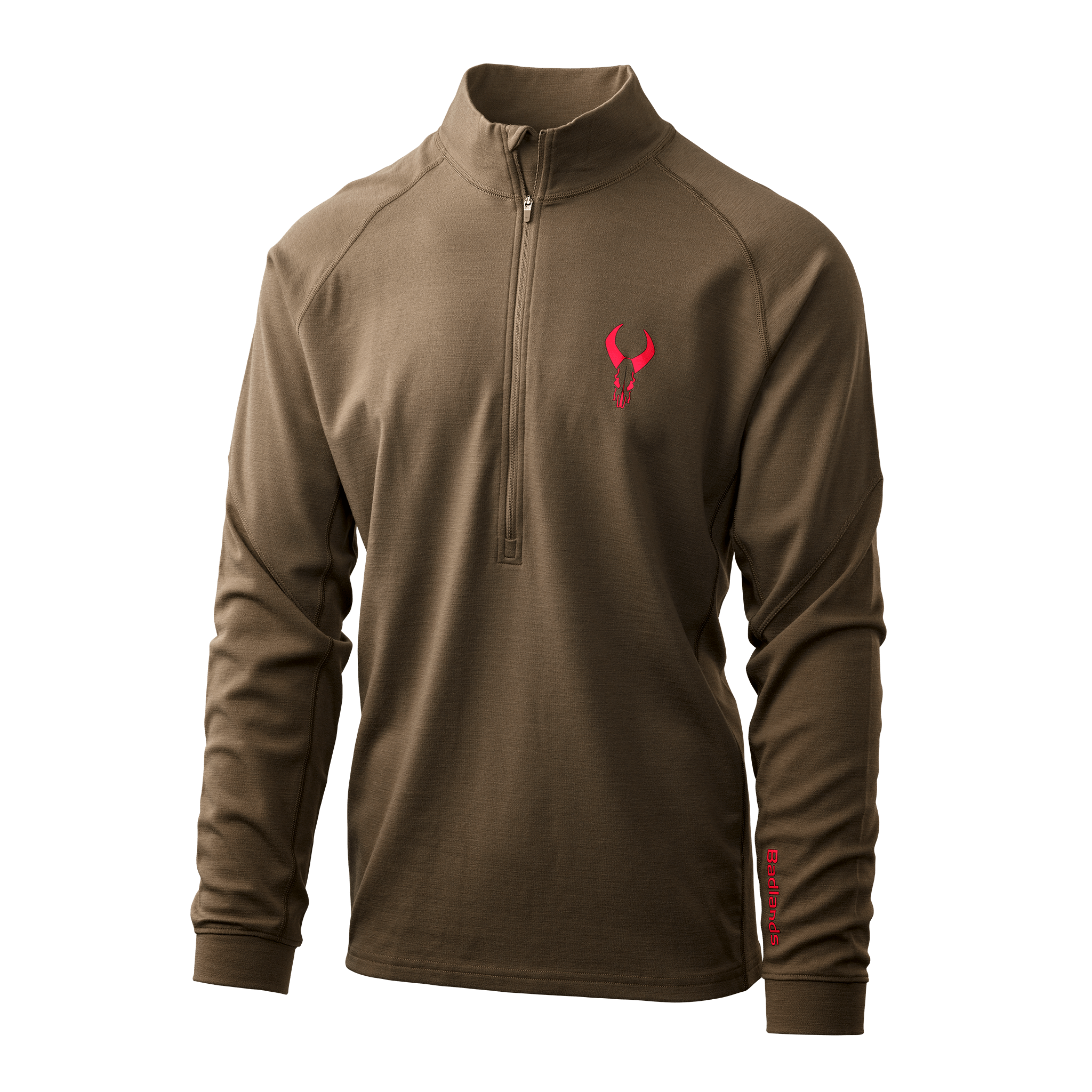 Brown quarter-zip pullover with red Moonrivers skull logo on chest and "Badlands" text on sleeve. Long sleeves, stand collar.