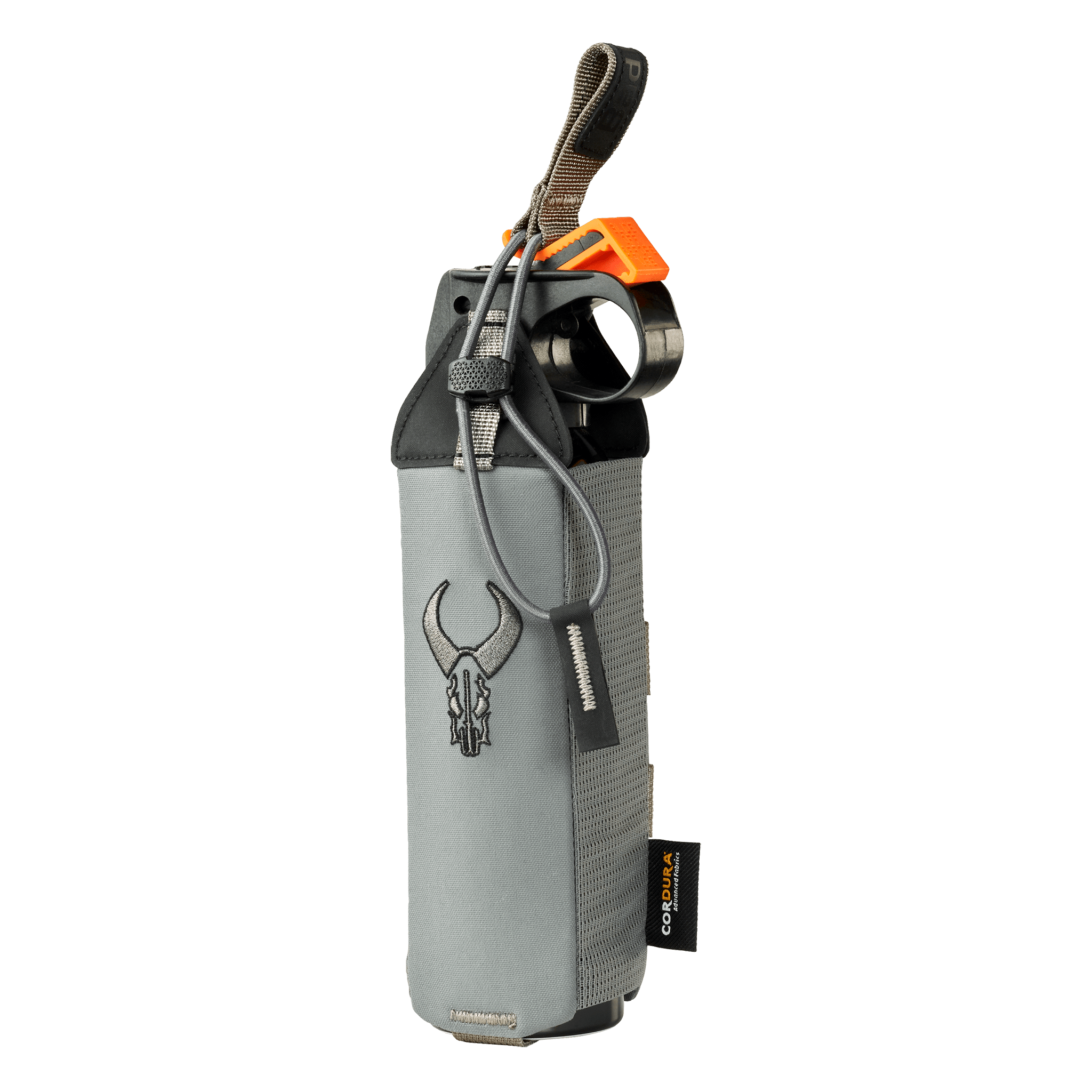 Gray Moonrivers Logo pouch with drawstring, holding a rangefinder and orange accessory; Cordura tag visible.