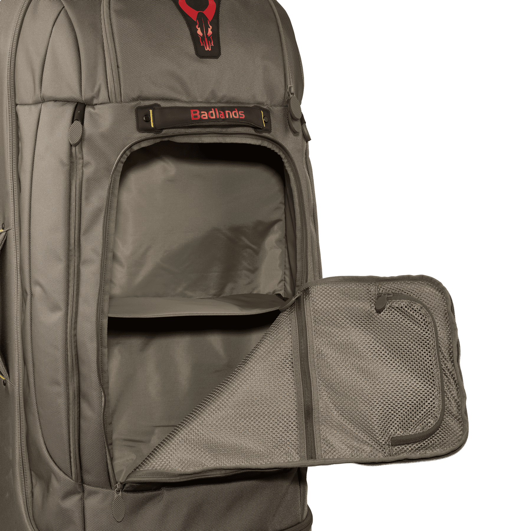 Gray Moonrivers backpack with open front pocket, mesh organizer, and visible red Moonrivers skull logo for easy identification.