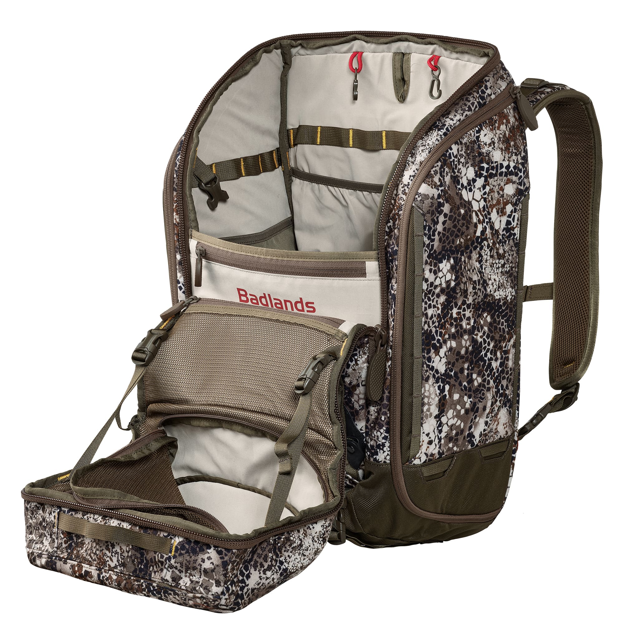 Open Moonrivers camo backpack with organized compartments and mesh pockets, designed for outdoor gear storage and easy access.