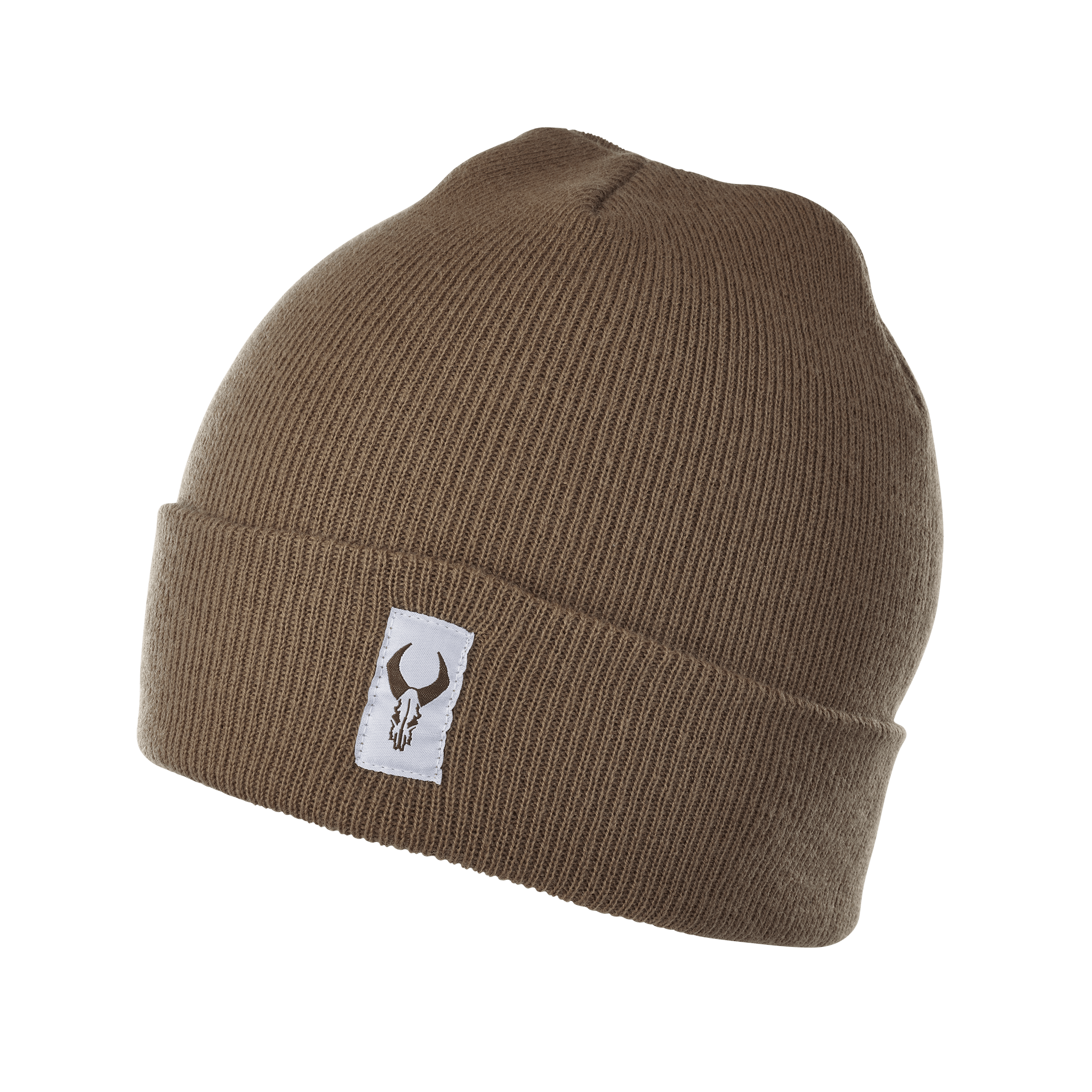 Brown knit beanie with a white patch featuring the Moonrivers skull logo on the front cuff.
