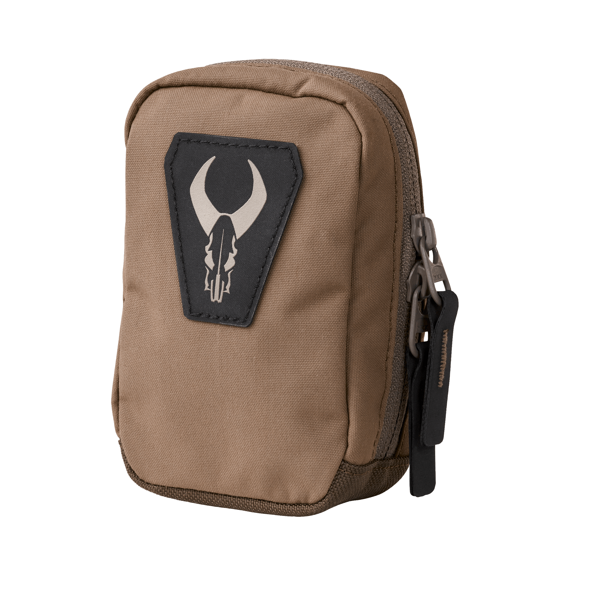 Small tan pouch with zippers and the Moonrivers skull logo on the front; suitable for outdoor gear storage.