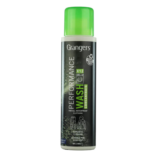 Grangers Performance Wash bottle with green cap, for cleaning waterproof clothing; suitable for Gore-Tex.