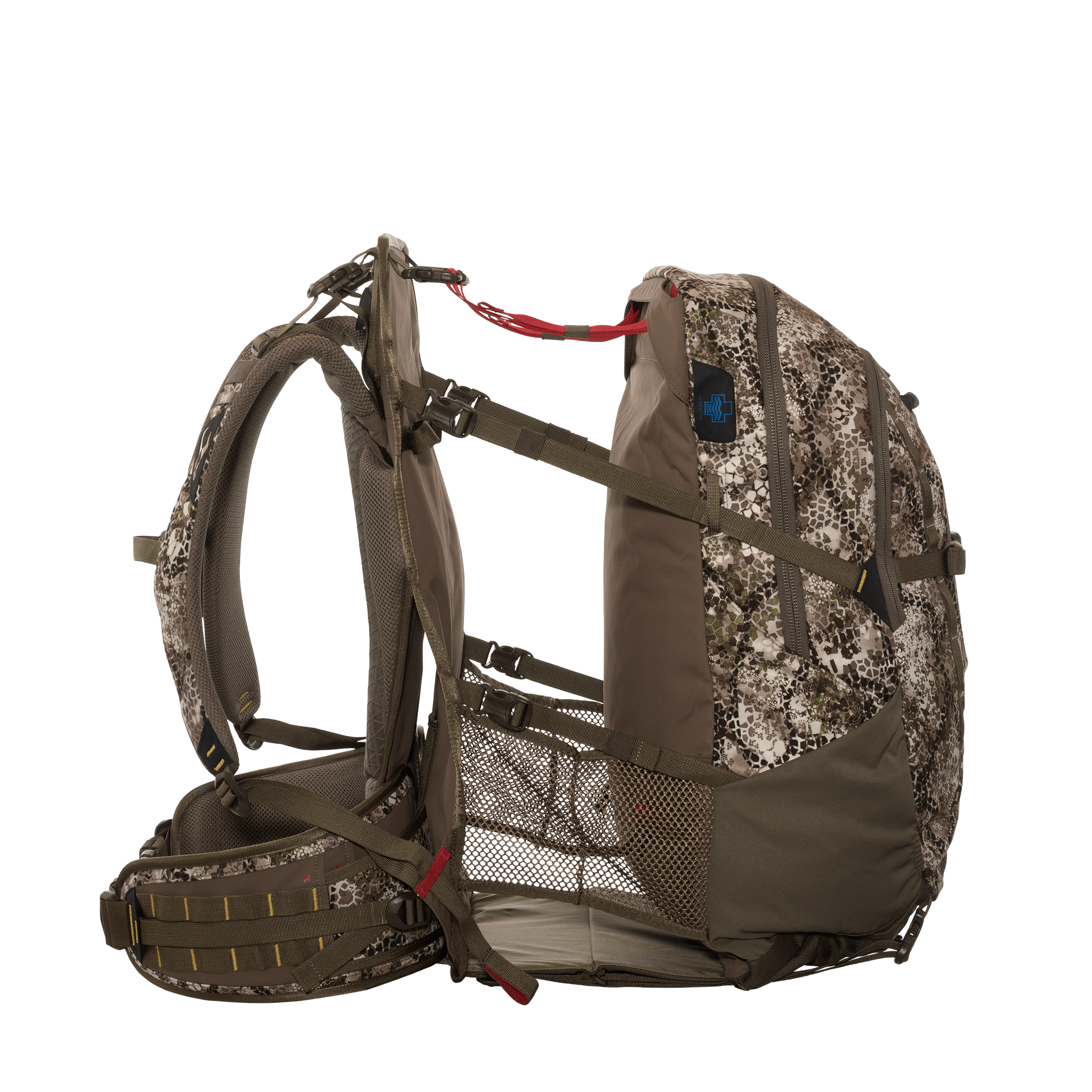 Camo hunting backpack with Moonrivers Logo, padded straps, mesh pockets, and adjustable waist belt, side view.